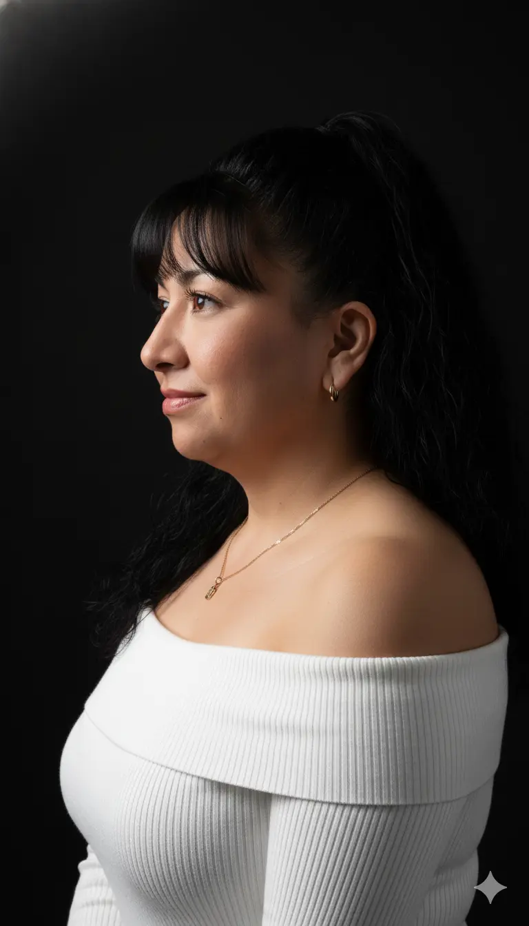 "con mi foto crear Un retrato de perfil medio de una esbelta mujer, Sonríe suavemente con la boca cerrada y mira hacia un lado. Viste una blusa blanca con los hombros descubiertos, de tejido acanalado o similar, que resalta la línea de sus hombros y clavícula. Lleva un collar delgado y pendientes de aro pequeños y dorados. La piel de su hombro y parte del brazo está bien iluminada. El fondo es completamente negro, creando un contraste dramático que enfoca toda la atención en ella, con una iluminación suave que resalta los contornos de su rostro y cabello."