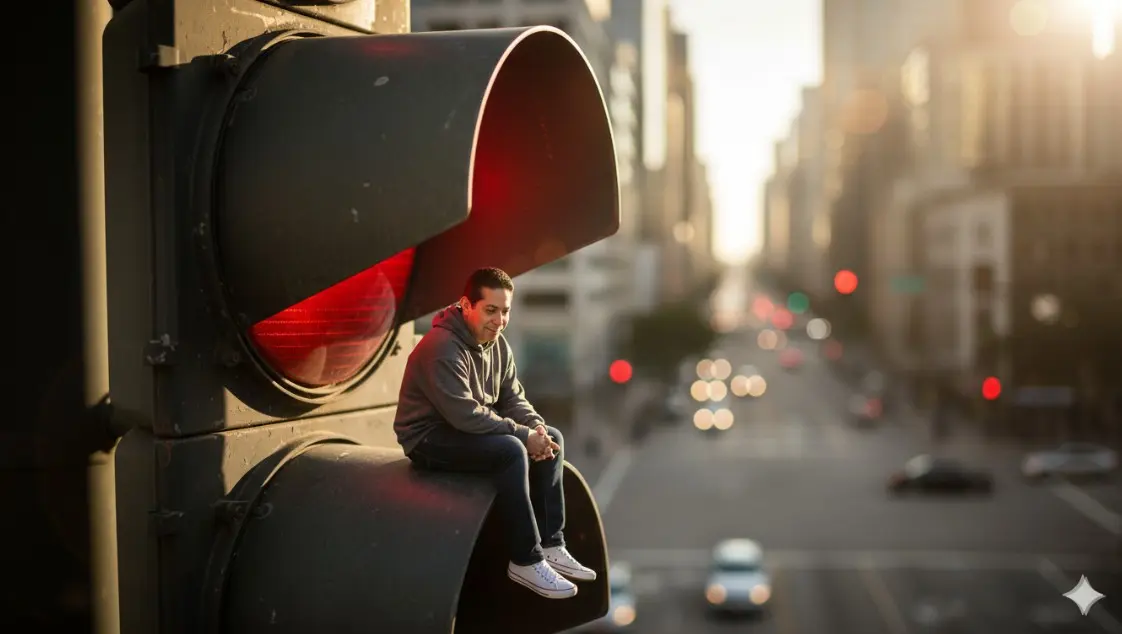 Fotografía cinematográfica de gran detalle de un hombre diminuto, de aproximadamente cinco centímetros de altura, sentado con las piernas cruzadas en la cornisa de un semáforo urbano grande y desgastado. Está situado junto a la luz roja encendida. El hombre viste ropa informal y contemporánea: una sudadera con capucha gris oscuro, cómoda y ligeramente holgada, vaqueros oscuros y zapatillas blancas sencillas. Tiene una expresión relajada y contemplativa, mirando hacia la calle. El realismo de su rostro debe derivarse directamente de una fotografía de referencia proporcionada. La iluminación es la luz del sol intensa y dramática de la hora dorada, que crea sombras profundas sobre el hombre y fuertes reflejos en la carcasa del semáforo. La composición utiliza un plano general con perspectiva forzada, enfatizando la escala colosal del semáforo y el fondo urbano circundante, que se representa con una profundidad de campo suave y reducida (bokeh). Fotografía tomada con una Canon EOS 5D y un objetivo de 50 mm f/1.4, enfatizando la textura hiperdetallada de la ropa del hombre y el metal del semáforo. Iluminación volumétrica ultrarrealista y fotorrealista.