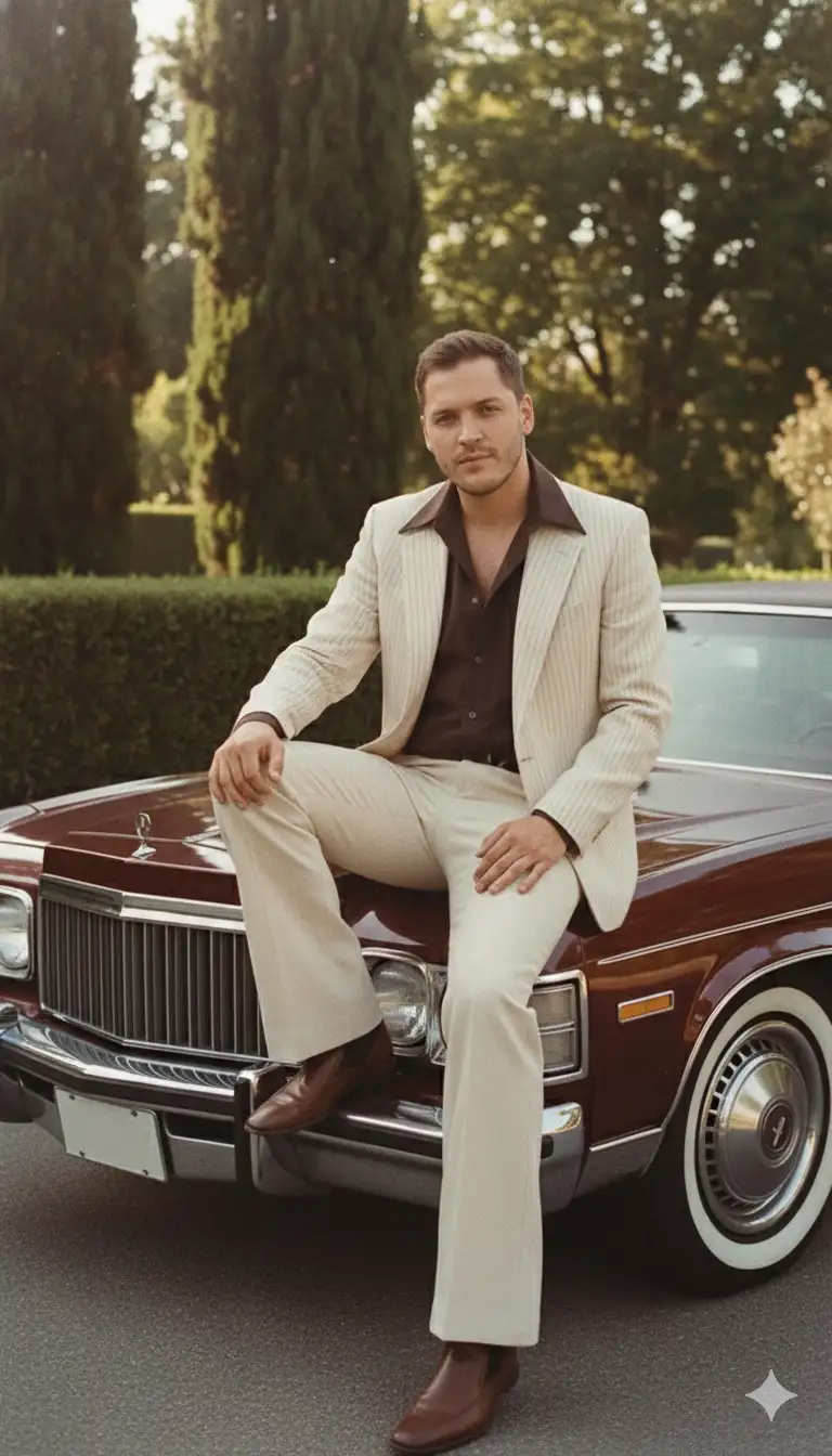 Create a vintage 1970s Hollywood-inspired photograph of a stylish man sitting casually on the hood of a random vintage royal-colored classic car (such as deep maroon, royal blue, emerald green, or mustard yellow). He is dressed in a cream pinstriped blazer, cream bell-bottom trousers, and a dark brown shirt with the top buttons open, paired with brown formal shoes, giving a confident mafia-style look. The car has wide whitewall tires, chrome details, and a polished metallic body, reflecting sunlight. In the background, tall green trees and hedges frame the scene. The photograph has the warm, grainy tones of a 1970s film camera, giving it a retro cinematic vibe. Preserve the same face, expressions, and body proportions from the original photo without changing them, and adjust the body styling so it matches naturally with the preserved face.