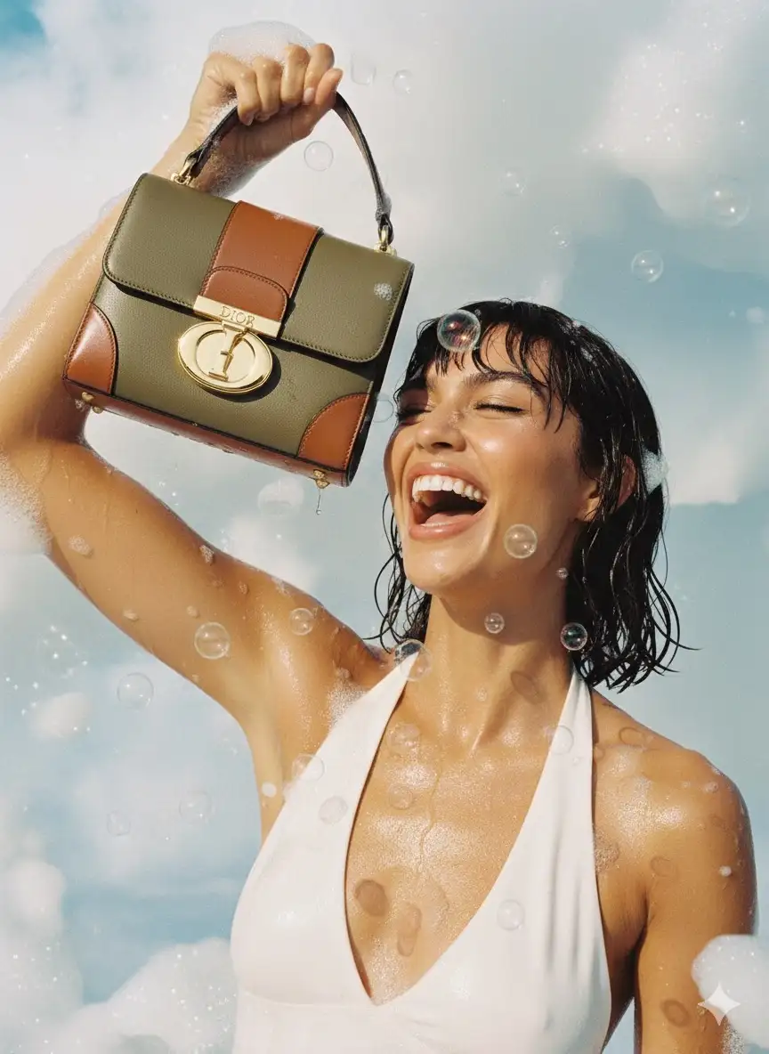 A vibrant, playful Dior advertisement radiating pure Y2K-era glamour and energy. The model, with wet, tousled hair clinging to her face and shoulders, bursts into laughter, exuding carefree sensuality and confidence. Her bronzed skin glistens with water droplets and soap bubbles, creating a look that is at once luxurious and rebellious.

She wears a white halter-style top, slightly soaked, clinging to her figure and catching the light with a soft sheen. In her raised hand, she triumphantly holds a Dior handbag, its structured form contrasting with the chaotic froth of bubbles surrounding her. The bag is designed with olive-green and caramel-brown leather panels, accented with a polished gold metal clasp engraved with the Dior logo—the centerpiece of the ad.

The composition is bold, dynamic, and bursting with movement: foam and bubbles spill across the frame, blending into the background of soft whites and cool blues, creating an almost surreal, dreamlike texture.

The lighting is glossy, high-contrast, and editorial, giving her skin a radiant golden glow while highlighting the rich textures of the bag. The atmosphere feels both glamorous and indulgent, with a hint of irreverent fun—an iconic blend of luxury and playful rebellion, perfectly embodying the Y2K Dior aesthetic.
