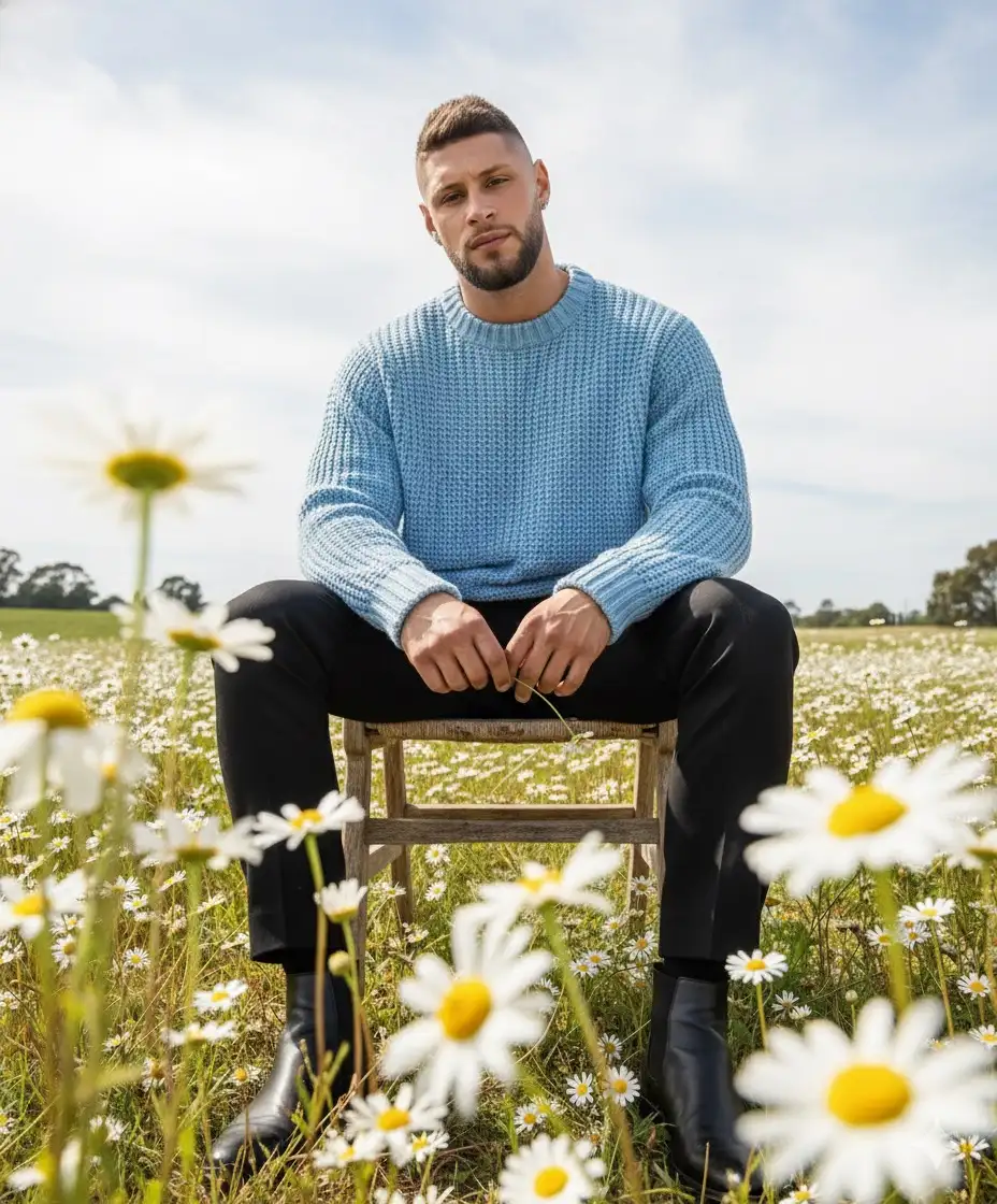 A cinematic high-fashion Vogue editorial photograph, shot from an extreme low angle through clusters of wild daisies in the foreground, their blurred petals and stems framing the composition with natural softness.
the man sits casually on a rustic wooden chair placed in the meadow, his posture confident yet relaxed. His sharp features catch the light as he leans slightly forward, one hand resting on his knee, the other loosely holding a daisy stem. He wears an oversized light-blue knit sweater styled as a bold couture statement, paired with tailored black trousers and sleek boots, blending masculine structure with high-fashion edge.
Shot on Leica SL2 + APO-Summicron-SL 90mm f/2, ISO 100, f/2, 1/250 sec. Vertical 9:16 aspect ratio. An intentional, poetic vision—where masculine strength and feminine elegance meet in the delicate beauty of wild daisies. Don't change facial features