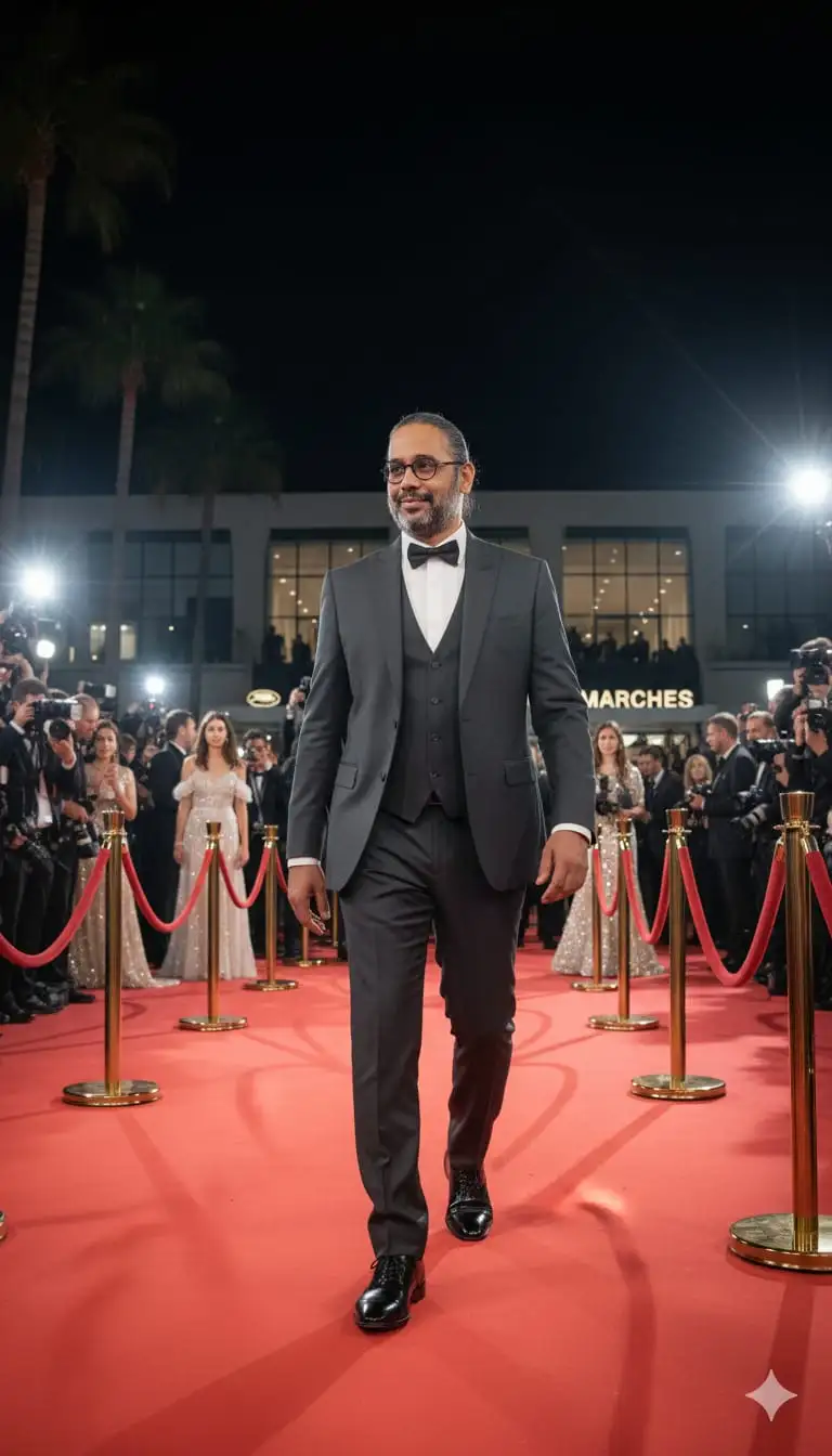 Un primer plano desde abajo con un esmoquin de tres piezas, caminando con seguridad por la alfombra roja del Festival de Cine de Cannes. Los flashes de los paparazzi estallan a su alrededor. sonríe con suficiencia. Cuerdas de terciopelo, elegantes vestidos de noche y arquitectura moderna al fondo.
