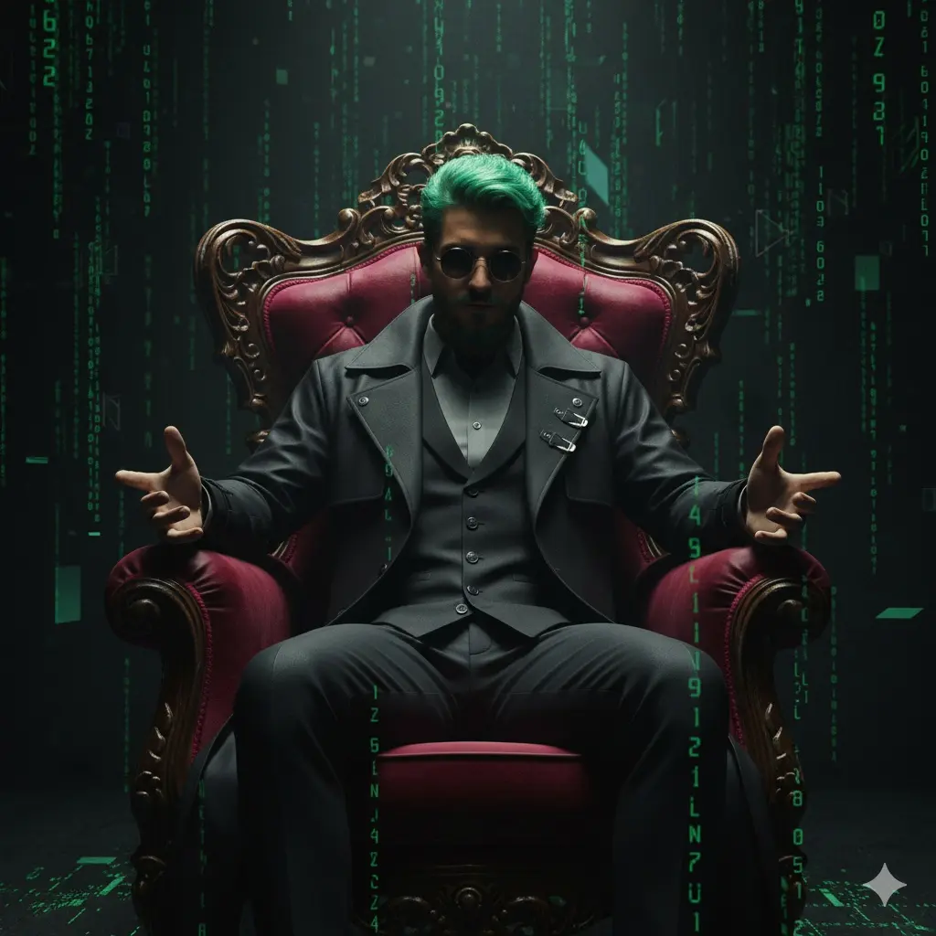 A cinematic, hyper-realistic portrait of a man (use the user's face) with slim, athletic and toned body, seated in a grand, ornate dark armchair. He wears a dark trench coat over a tailored suit, accessorized with distinctive round sunglasses, giving him an enigmatic and composed aura. His posture is intentional and confident, with both hands extended forward. The background is a dark, almost sterile room illuminated by cascading green digital code, flowing down the walls or appearing projected, evoking a simulated reality. Dramatic lighting casts deep shadows, highlighting his expression and the gravity of the choice he presents. The overall mood is tense, mysterious, and cinematic, inspired by cyberpunk aesthetics.
Use the user's reference image to perfectly preserve his facial features, hairstyle, and natural expressions. Maintain ultra-realistic textures, dramatic lighting, and a cinematic feel. Ensure the green digital code is visually prominent and immersive, while the character remains sharp and dominant in the frame.
style: cyberpunk cinematic,
lighting: dramatic shadowed,
mood: mysterious and authoritative,
quality: ultra realistic 8K,
aspect ratio: 3:4