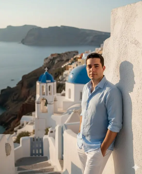Usa mi imagen subida. Esta fotografía realista de 8k fue tomada con un objetivo de 50 mm durante la hora dorada en Santorini, Grecia. El sujeto se apoya tranquilamente contra una pared blanca y encalada, vistiendo una impecable camisa de lino azul claro con las mangas arremangadas y pantalones blancos. El fondo muestra las icónicas iglesias con cúpulas azules y la caldera centelleando en el mar Egeo. La iluminación crea tonos de piel cálidos y favorecedores, y sombras definidas, con una textura ultranítida en las paredes de estuco.