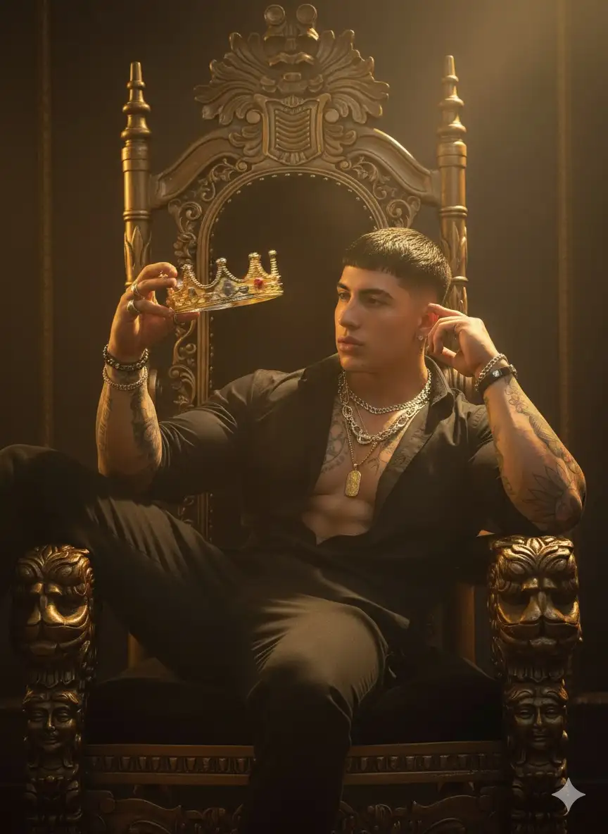 Usa 100% de rostro en la foto cargada arriba. Un retrato editorial ultrarealista en 8K con proporción 3:2, capturado con un lente DSLR de 50mm f/1.4 para poca profundidad de campo. El sujeto se reclina con despreocupación sobre un trono ornamentado tallado con detalles barrocos en madera oscura y toques dorados. Sus piernas se extienden sobre un brazo del trono mientras su espalda se apoya en el otro, con una postura desenfadada pero dominante.
Viste ropa elegante: una camisa oscura ajustada con las mangas enrolladas, mostrando tatuajes detallados en sus antebrazos. Múltiples cadenas en capas y pulseras de cuero captan destellos de luz, junto con aretes y un llamativo collar de cadena que descansa sobre su cuello. Una mano sostiene su cabeza con una arrogancia relajada, mientras la otra gira casualmente una corona dorada en la punta de un dedo, el movimiento capturado a medio giro con un ligero desenfoque.
La sala del trono está en penumbra, con dramáticos haces de luz dorada que atraviesan la neblina y se reflejan en las superficies pulidas de las joyas y los intrincados tallados del trono. La corona misma brilla con una mezcla de luces y sombras, reflejando tanto lujo como rebeldía. Su expresión: confiada, inalcanzable, un monarca moderno que gobierna bajo sus propias reglas. Ambiente: desafío decadente, soberanía con estilo, realeza moderna con actitud.