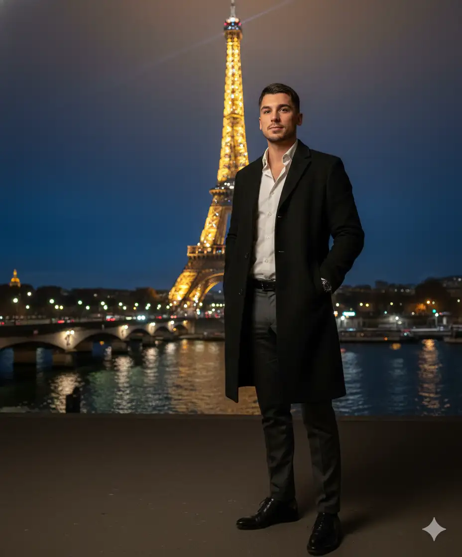 Remains 100% faithful to the face in the uploaded photo.
Creates a hyper-realistic and cinematic image, taken at night in Paris, with the Eiffel Tower fully illuminated in the background.
The man wears a long, elegant black coat, a slightly open white shirt, dark gray slim-fit trousers, and a visible silver watch on his wrist.
On his feet: shiny black leather shoes, slightly reflecting the light from the Parisian streetlights.
The man is standing near the Trocadéro or on the Pont de Bir-Hakeim, with the Eiffel Tower sparkling behind him and the golden reflections on the Seine.
Warm, golden light, a romantic and cinematic atmosphere: streetlights, a dark blue night sky, and a light mist.
The man is looking slightly to the side, with a calm and confident expression, hands in his coat pockets.
Ultra-realistic 8K rendering, soft depth of field, a chic and mysterious “Paris by Night” effect. Atmosphere: elegance, light, serenity and Parisian prestige.