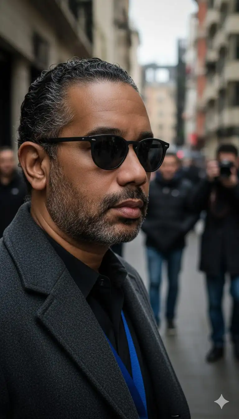 Un retrato cinematográfico altamente realista de la persona a partir de la foto de referencia subida, recreado con el rostro y peinado del usuario. El sujeto lleva unas elegantes gafas de sol idénticas a las de referencia, con una camisa oscura y un abrigo de lana gris oscuro encima. Se encuentra al aire libre en un momento espontáneo de fotografía callejera, capturado de lado con una iluminación y sombras dramáticas. Su expresión es seria, segura y masculina. El fondo muestra personas borrosas y un fotógrafo sosteniendo una cámara, manteniendo la misma atmósfera documental de estilo callejero. El ambiente general es melancólico, cinematográfico y vanguardista, conservando la misma pose. atuendo y vibra como la imagen de referencia.