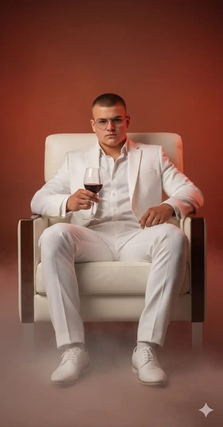 A cinematic fashion editorial portrait of a person (use the uploaded picture as reference for the face) sitting confidently in a modern white leather armchair with wooden accents. He wears a sharp, tailored all-white suit with matching white shoes and a plain white shirt underneath, exuding sophistication. He wears round eyeglasses that enhance his intellectual and elegant look. One hand rests casually while the other holds a glass of red wine balanced gracefully between his fingers. The background is a warm gradient of reddish-orange tones with subtle mist or fog at floor level, creating a dramatic and moody atmosphere. Lighting is soft yet directional, highlighting his sharp features and the textures of the suit. Ultra-detailed, high-fashion, editorial photography style with a refined, luxurious mood. Aspect ratio: 4:5 vertical.