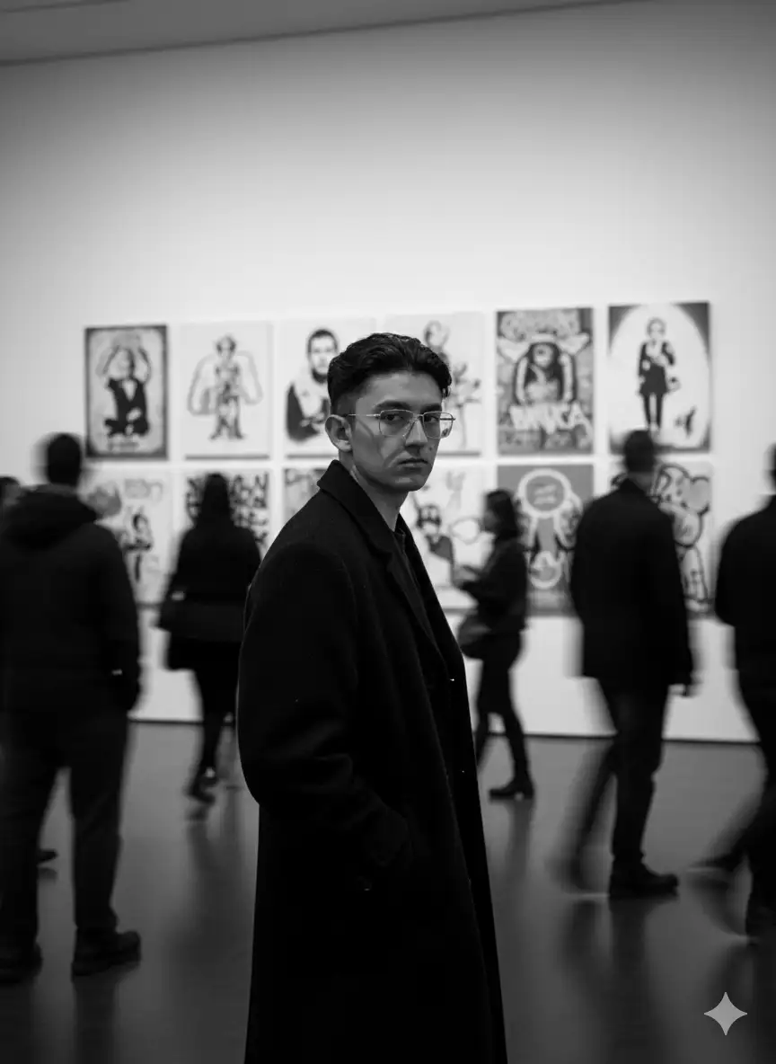 A high-contrast black and white photograph taken in a modern art gallery. The scene captures a candid, "stolen shot" moment of a young man like (my attached image) standing still in a moving crowd without changing his actual face. He is positioned slightly at an angle, not completely sideways with his face turned slightly, not completely facing the camera, but not completely sideways either. Framing from mid-thigh up (3/4 body shot) he is wearing a long dark coat with his hand in the pocket, standing out from the blurry crowd moving past him. The background wall is framed. Banksy's artwork is in a grid arrangement, slightly blurred for depth. The mood is moody, cinematic, and introspective.