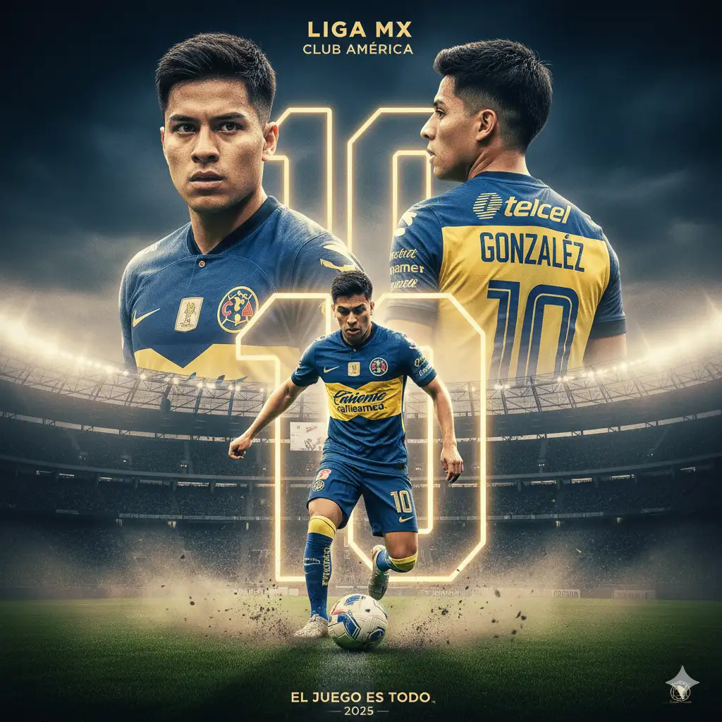 Crea un póster de cine de [deporte] profesional, tal y como la [Liga del deporte] hace sus posters y cinematográfico, presentando a un jugador [Imagen adjunta] similar al aspecto de un jugador profesional. Mantén todos los rasgos faciales originales, el cabello, la forma y el ángulo exactamente como en la imagen provista. Muestre al individuo desde tres perspectivas:

Retrato de primer plano: Un retrato de primer plano mostrando su rostro, llevando una camiseta de local de [equipo]. Perfil lateral: Un perfil lateral con la camiseta de local de [equipo] (la misma que trae puesta la imagen), mostrando claramente el nombre 'NOMBRE' y el número '#' en la espalda.

Cuerpo entero en acción: Una vista de cuerpo entero en el equipamiento completo de local de [equipo] (jersey de local, short, calcetines y tenis), con el número '#' claramente visible en la camiseta y los shorts. Asegúrese de que todos los logotipos de los patrocinadores sean visibles y estén auténticamente representados.

En la parte inferior del póster, incluya una escena de acción dinámica. El jugador debe estar ejecutando una potente jugada que levante el césped con un efecto de movimiento borroso para transmitir velocidad.

El fondo debe ser el [Estadio], con un gran número '#' brillante y el nombre 'NOMBRE' prominentemente exhibidos detrás del personaje. El estilo general debe ser ultrarrealista, de alta resolución, cinematográfico y poseer la estética vibrante de un póster deportivo profesional. Incluya el año '2025' discretamente en la parte inferior.