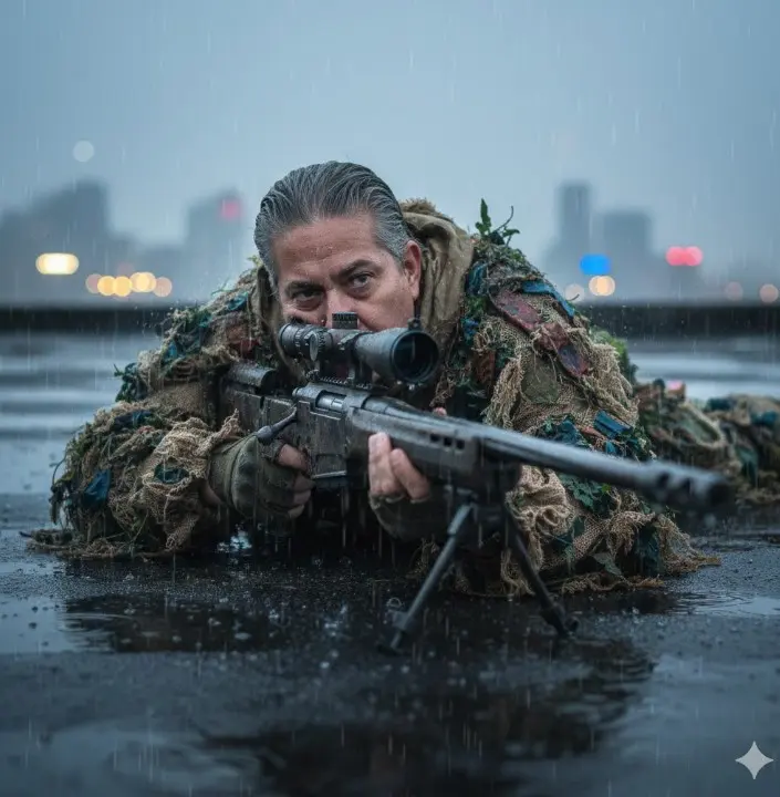 con mi foto crea Una escena cinematográfica hiper detallada que utiliza el rostro subido 100% como referencia, como un tirador urbano experto. La cámara captura al héroe en el centro del encuadre con absoluta claridad y presencia dramática. Lleva un traje táctico desgastado, con sus ásperas hebras de arpillera y follaje natural meticulosamente tejido, mostrando un desgaste realista, que se integra a la perfección con la decadencia urbana. 
Está tendido boca abajo en un tejado abandonado y resbaladizo por la lluvia, mirando a través de la mira telescópica de gran aumento de un rifle de francotirador de gran calibre.
Los componentes metálicos del rifle reflejan el resplandor ambiental de la ciudad con sutiles reflejos. La lluvia cae a borbotones, creando ondas en los charcos a su alrededor, y las luces distantes de la ciudad se difuminan en un efecto bokeh. Atmósfera densa. Utiliza un lenguaje inspirado en la fotografía premium y técnicas de manipulación fotográfica de nivel experto similares a Photoshop de alta gama para lograr un realismo de alta calidad sin CGI ni gráficos 3D.
Crea una escena única e inolvidable con un detalle inigualable, potencia cinematográfica y un enfoque completo en el héroe. Sin CGI, gráficos 3D ni arte.