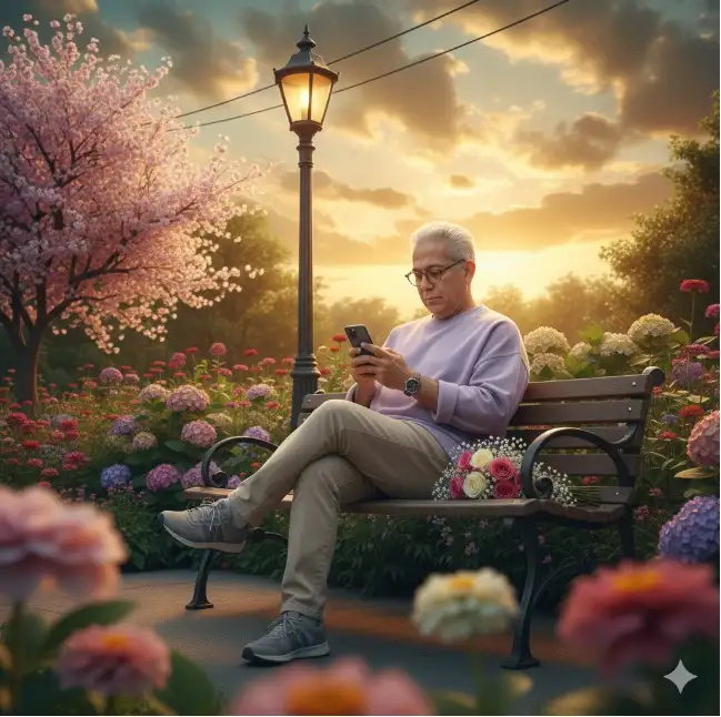 Crea una foto cinematográfica hiperrealista de cuerpo entero usando la foto que subí, con detalles faciales 100% precisos. La escena me captura sentada en un banco vintage de parque bajo una cálida farola en la hora dorada, profundamente concentrada en mi teléfono inteligente. Llevo una camisa oversize morada clara, pantalones beige, zapatillas deportivas, cabello despeinado, gafas y un reloj de cuero, con un delicado ramo de flores a mi lado. El fondo florece con exuberantes flores y un cerezo, mientras que dramáticas nubes doradas pintan el cielo. Un primer plano bokeh cremoso suaviza la vista, con un cable que corre por encima para agregar detalles urbanos. Renderizada en RAW 8K con poca profundidad, la imagen brilla con luces cálidas y sombras verde azulado, dando vida a texturas vívidas y profundidad cinematográfica.