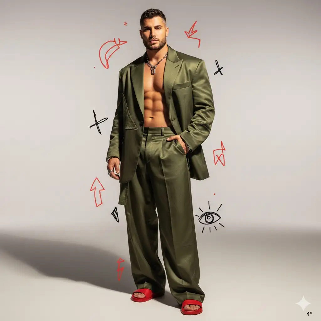 Insert the photo I uploaded into the prompt below,
a full-body portrait of a male fashion model wearing an avant-garde olive-green oversized suit with fluid silhouette and layered textures, styled with bold accessories and red designer sandals, posing dynamically in a high-fashion editorial style — one hand resting in pocket, head slightly tilted, confident gaze toward the camera, subtle movement in fabric as if caught mid-turn. set in a minimalist gradient studio background with refined soft lighting inspired by Vogue magazine fashion shoots. artistic graffiti-inspired red and black sketches subtly incorporated into the composition — expressive lines, doodled symbols, and abstract shapes enhancing the modern aesthetic. the lighting is cinematic and elegant, with soft shadows, glossy highlights on the fabric, and a warm editorial tone. the overall mood is avant-garde, confident, and stylish, blending urban streetwear attitude with luxury fashion sophistication. ultra-detailed textures, realistic lighting diffusion, crisp shadows, Vogue fashion editorial photography, 8k ultra-realistic, volumetric light, shallow depth of field, --ar 3:4 --v 6
--style raw --a 2 --uplight