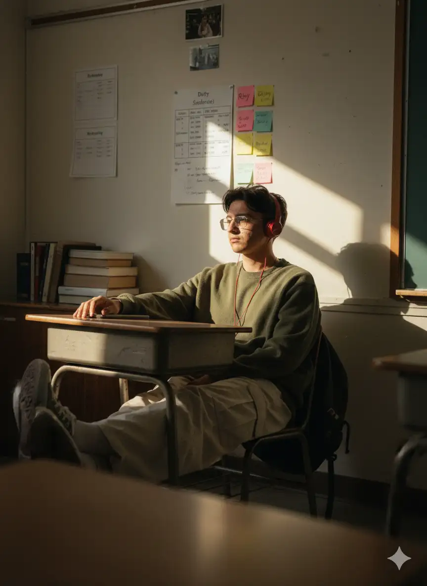 Original Face, cinematic portrait with a somber, vintage classroom. The camera is shot from a distance, with a small section of the chair's back visible in front, as if the photographer was taking the portrait discreetly or in a quiet moment. Soft, golden-yellow lighting reflects from a small window or gap in the right wall, forming diagonal lines of light that fall directly on the girl's face, creating a dramatic and emotional contrast.

The person sits alone in a chair, her feet resting on the desk, with a relaxed and cool expression, as if lost in thought. She has messy, yet natural Korean-style Comma-style hair. She wears an oversized army green sweater, cream-colored cargo pants, Converse sneakers, and red headphones. She has a bag hanging from the chair, but it blends harmoniously with the warm light surrounding her. Behind her is an off-white wall with sticky notes labeled "Rhey" notices, duty schedules, and so on, and a photo at the top. There are also a few decorations or furnishings typical of a college classroom.

Reinforcing a nostalgic and contemplative feel, like a frozen moment in time. Soft golden hues of light blend with the dark shadows in the room, creating a quiet, warm, and slightly wistful atmosphere, reminiscent of a scene from a Japanese indie film at dusk or early morning. The overall atmosphere suggests an intimate, introspective moment in silence. All image elements are rendered without bokeh, with even sharpness from foreground to background. The visual texture contains noticeable noise and grain, reminiscent of the results of analog 35mm film cameras like the Canon AE-1 or retro digital simulations using the Fujifilm X100V with "Classic Chrome" film simulation.

Possible camera settings: ISO 1600, f/5.6 aperture, 1/60s shutter speed, with a warm white balance to maintain the natural golden light in the room. The grain effect can come from ISO 400 film or the digital grain feature intentionally activated to add cinematic character and nostalgia. 3:4