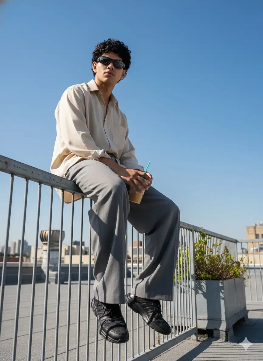 Insert the photo I uploaded into the prompt below
full-body shot of a stylish young man sitting casually on top of a metal fence, legs relaxed forward, one shoe closer to the camera lens, holding a drink cup with a straw in his hand, black curly hair, wearing dark sunglasses, oversized light beige shirt with rolled-up sleeves, loose gray wide-leg pants, and black chunky sneakers, bright daylight with clear blue sky, subtle greenery on the side, urban rooftop environment, low-angle perspective photography, professional DSLR, realistic fashion editorial style, sharp textures on clothing and metal fence, cinematic urban street fashion aesthetic --ar 9:16 --v 6 --style raw --q 2 --s 1000 --hd