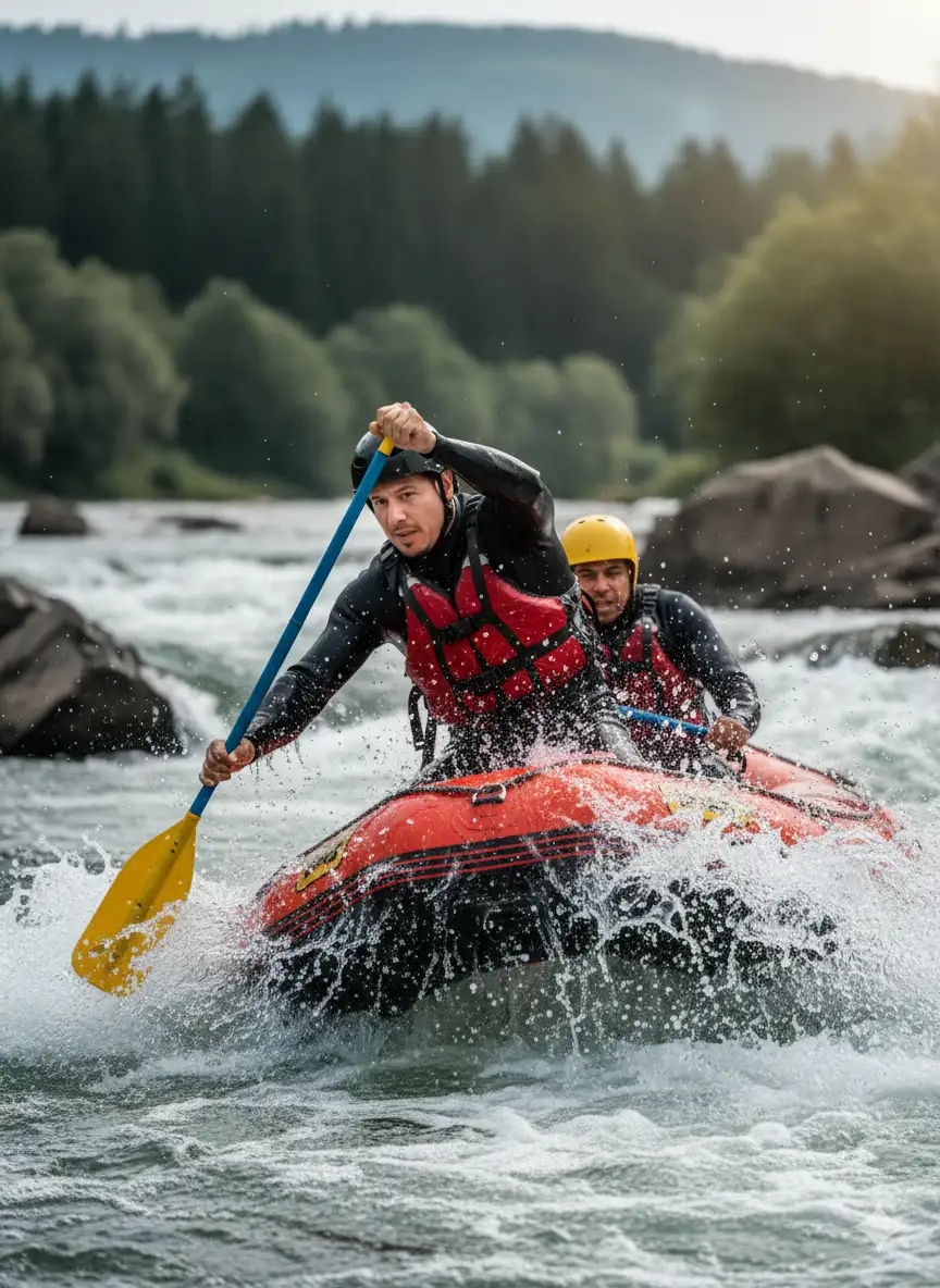 Captured mid-step on the staircase of a sleek private jet, the subject wears a navy trench coat over a charcoal turtleneck. Suitcase in one hand, sunglasses shielding the gaze. The runway glows beneath industrial lights reflecting off the fuselage.
Style: 4:3 frame, full-body profile, hyper-detailed reflections, sharp skin texture, shallow depth, Nr 9: Create a photo of a man tearing through a ferocious stretch of whitewater rapids, the subject grips a paddle mid-swing, soaked to the bone as glacial water explodes around the raft. Muscles tense, jaw clenched, face flecked with droplets frozen mid-motion. The kayak dips violently, caught between jagged rocks and foaming currents, with a mountainous pine forest blurred in the background.The man is wearing a wetsuit, a life-jacket for rafting and a helmet.A feeling of Adrenaline-fueled chaos, 3:4 cinematic action frame, ultra-realistic water textures, 8K resolution, 35mm DSLR lens, high shutter speed to freeze motion, sharp detail in spray and skin texture, dynamic lighting with high-contrast splashes and sunlight piercing through mist. Don't change facial features