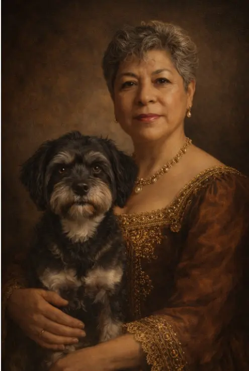 Retrato artístico estilo pintura clásica renacentista de una mujer elegante con su perro, ambos mirando a cámara. La mujer viste vestido sofisticado con detalles finos, iluminación cálida cinematográfica, fondo oscuro pintado al óleo, composición tipo retrato real, textura pictórica, alta definición, estilo retrato aristocrático, colores suaves y dorados, profundidad de campo, detalle realista en rostro y pelaje del perro, iluminación Rembrandt, fotografía artística, 4k