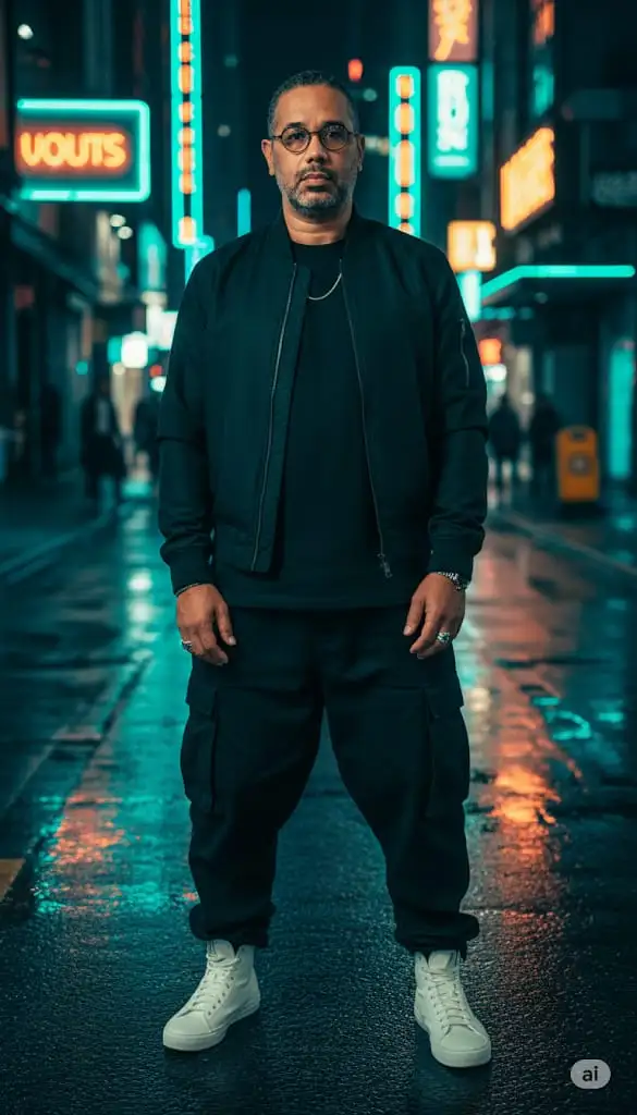 Fotografía de campaña de moda de alta gama de un modelo MASCULINO humano real, de 47 años, de pie con confianza bajo las luces de neón de la ciudad, con ropa de calle negra mate: chaqueta bomber, pantalones holgados, zapatillas blancas, joyas minimalistas; rostro realista con rasgos definidos, cuerpo proporcionado, dedos perfectamente representados, pose precisa, sin deformidades, poros visibles y textura de la barba, reflejos de luz natural en la piel, iluminación cinematográfica con tonos verde azulado y ámbar, reflejos de calle mojada, profundidad de campo, tono editorial de Vogue-Men, fotorrealismo 8K, fotografía con lente de fotograma completo de 50 mm --ar 3:4 --v 7.0 --q 2 --s 250 --raw