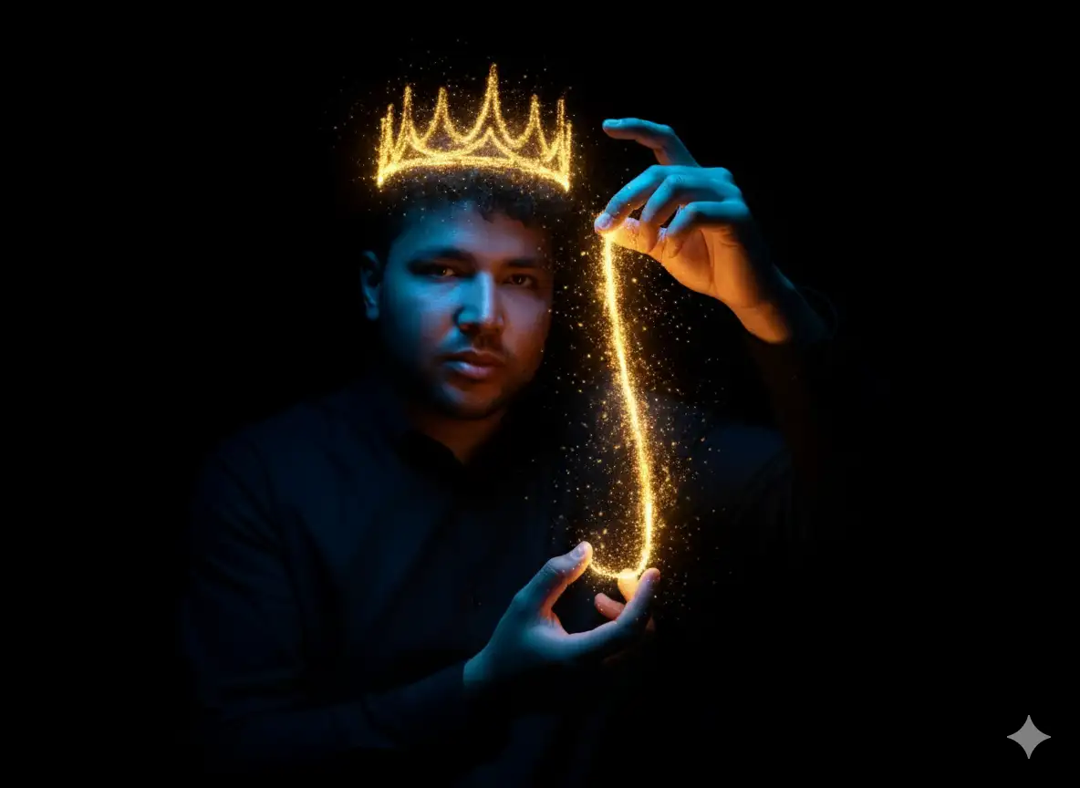 A hyperrealistic, vertical, half-body portrait of a slender person, featuring a high-contrast, almost completely black background. The dramatic chiaroscuro lighting draws all attention to the illuminated elements.

The person wears a **Crown of Light** on their head. The crown is a faint, solid shape formed by a **deep golden-yellow, energetic light**, surrounded by a subtle, glittering particle and dust effect, as if emitting a fine golden mist.

In the hands, the person delicately holds a **Thread of Light**. This thread is smooth, has a slight curvature, and a very fine, textured or "fire" appearance suggesting movement and pure energy. Its color is the same deep golden-yellow as the crown, surrounded by the same glittering particle effect.

**The Hands:**
* **Upper and Lower Hand:** Both hands, which appear smooth and elegant, are holding the thread with the thumb and index finger, slightly arched, in a precise, delicate pose.
* **Lighting:** A cool, **blueish light** illuminates the back of the hands and fingers, creating a sharp chromatic contrast with the **warm yellow/golden light** emanating from the thread itself, which illuminates the inside surfaces of the fingers at the point of contact.
* **Attire:** Dark, possibly black or very dark blue fabric (sleeve/garment) is visible behind the hands.

The overall atmosphere is one of mystery and drama, with deep shadows and the brilliant chromatic contrast between the cool blue and warm golden light emphasizing the thread as a source of supernatural or magical energy.