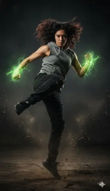 Retrato hiperrealista de una mujer atlética en pleno movimiento de combate, capturada en el aire durante una patada dinámica, con postura poderosa y expresión intensa de concentración.
Viste sudadera sin mangas con capucha, pantalones negros desgastados y tenis deportivos, estilo urbano–combatiente.

Sus puños están envueltos en una energía verde luminosa, con partículas brillantes y estelas dinámicas que rodean las manos, creando un efecto de poder sobrenatural controlado. El cuerpo muestra músculos definidos de forma natural, sin exageración.

El entorno es oscuro y dramático, con polvo y partículas suspendidas explotando alrededor del movimiento.
Iluminación cinematográfica de alto contraste, luz principal lateral que resalta la anatomía, sombras profundas, atmósfera épica y poderosa.

Texturas ultra detalladas en piel, ropa, polvo y calzado.
Estilo cinematográfico hiperrealista, acción realista, 3D fotorrealista, enfoque nítido, profundidad de campo corta, sensación de impacto y velocidad.

Formato: vertical 4:5 o 9:16
Calidad: resolución ultra alta, textura de piel realista, iluminación dinámica, congelación de movimiento

❌ INDICADORES NEGATIVOS

Anime, caricatura, ilustración, CGI artificial, cambio de rostro, facciones alteradas, cuerpo irreal, proporciones exageradas, musculatura extrema, piel plástica, desenfoque, baja resolución, manos deformes, dedos extra.