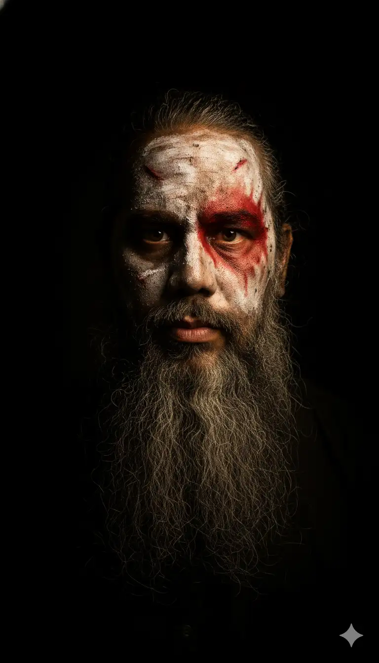 BLANCO Y ROJO en la Penumbra Retrato de un HOMBRE con maquillaje vikingo sucio, con algo de tierra en la cara, enojado y pequeños raspones, luz lateral dorada suave, fondo oscuro, sombras profundas, ojos marrones oscuro, mantén el 100% del rostro, con abundando barba larga, expresión firme y decidido, retrato cinematográfico fine art de estilo editorial —ar 3:4 —v 6 —style raw —q 2 —s 320