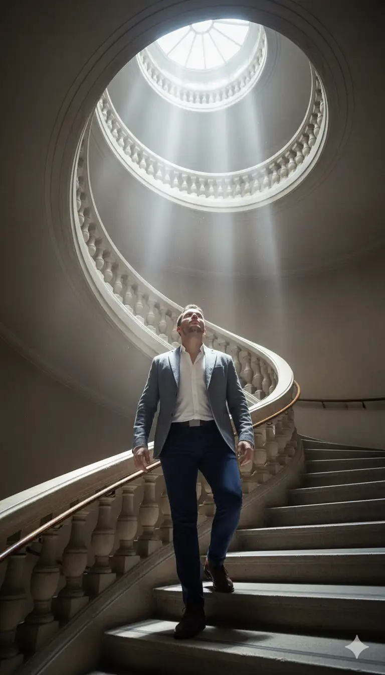 create a Realistic 8K portrait, 24mm wide-angle lens. Scene on a majestic spiral staircase with imposing architecture. Soft natural light enters from the circular top, creating ethereal beams. Subject in upward motion, slightly tilted, expressing ascension and transcendence. Gaze directed upward, deep and poetic.

Sophisticated editorial look: tailored graphite-gray linen blazer, open-collar white shirt, deep navy slim-fit trousers, polished leather shoes. Perfect fabric drape highlighted by natural light, contrasting architectural hardness with fashion softness.

High-impact details: light reflections on face and shoulders, spiral staircase curves framing the background, cinematic and artistic composition. Vogue-style editorial atmosphere — fusion of architecture, fashion, and timeless emotion.