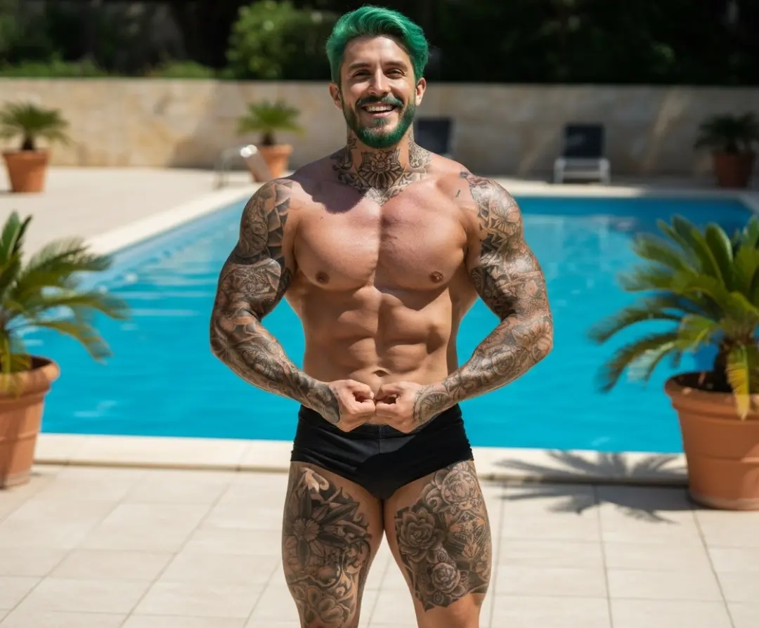 With my photo, handsome pale skin german bodybuilder in swimming pool area, 23yo, round pecs, wide arms, vascular muscles, muscular legs, hair same color of photo hair, SMILE, TATTOOED, CALVES.