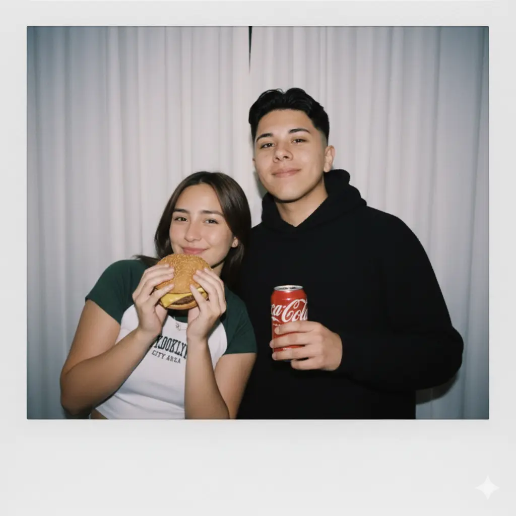 Take a photo taken with a Polaroid camera. The photo should look like an ordinary photograph, without an explicit subject or property. The photo should have a slight blur and a consistent light source, like a flash from a dark room, scattered throughout the photo. Don't change the face. Change the background behind those two people with white curtains. With that boy and me make a cute poses. Make the boy holding a red Coca-Cola can and girl a burger.