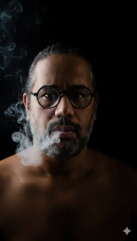 imagen de un retrato de cerca de un hombre, con una iluminación dramática que enfatiza sus rasgos y el humo que lo rodea. El hombre está mirando directamente a la cámara con una expresión seria y concentrada. Sus ojos, oscuros y penetrantes, están bien definidos.Sus labios están ligeramente separados, justo en el momento de exhalar o inhalar algo, lo que es la fuente del humo. Apenas es visible parte de su pecho y hombros, sugiriendo que está sin camisa o quizás llevando una prenda de cuello bajo que se funde con el fondo. El fondo es completamente negro sólido, lo que crea un alto contraste y aísla al sujeto. La iluminación es clave en este retrato, utilizando lo que parece ser una luz de estudio suave que incide principalmente en su rostro. Esta luz resalta los contornos de su frente, nariz, pómulos y labios, dándole una calidad tridimensional y teatral a la imagen. El elemento más distintivo es el humo blanco o gris claro que envuelve parcialmente el lado izquierdo del rostro y se dispersa en el aire a su alrededor. El humo parece estar siendo exhalado o soplado por la boca del hombre, creando una espiral etérea que sube y se desplaza hacia la izquierda. Este movimiento difumina ligeramente la forma del rostro en esa área, añadiendo una sensación de misterio o ensoñación. no cambie rostro ni compostura corporar