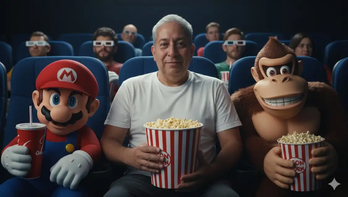 Fotografía ultrarrealista en 16K, relación de aspecto horizontal de 16:9, atmósfera cinematográfica humorística.
Escena: Dentro de una sala de cine sombría, con lugares azules visibles al fondo, réplicas de personajes de videojuegos en el tren de atracciones.
Personaje principal: Yo (en la foto) con una sencilla camiseta Blanca, sosteniendo un gran cubo de palomitas de maíz a rayas rojas y blancas en una mano.
A cada lado: dos personas, detalles.
• Izquierda: Mario Bros., con un vaso rojo de refresco en una mano. Expresión maliciosa.
• Derecha: El divertidísimo Donkey Kong, alquilando su propio cubo de palomitas. Su sonrisa es amplia y sensual, con hoyuelos brillantes.
En el plano de llegada: Otros personajes aparecen en las salas del cine, algunas gafas presagian 3D, Iluminación: cinematográfica, proveniente de la pantalla de cine invisible frente a ellos, con reflejos principalmente brillantes en los rostros y los cubos de palomitas. Los detalles son extremadamente realistas.