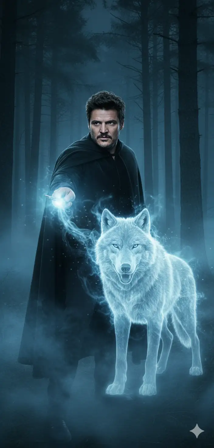 Con la persona de esta foto, haz una imagen hiperrealista con la siguiente descripción, no cambies su rostro, lunares y lentes.
La imagen debe mostrar a la persona en un bosque oscuro y brumoso, con neblina y ella debe parecer estar conjurando un hechizo.
Descripción detallada:
 La persona debe vestir de negro, con una capa larga y oscura, sin capucha. Está parado en una pose de ataque, con el brazo extendido y sosteniendo una varita mágica irregular  hecha de madera de arbol de espino, en su mano derecha, como un director de orquesta sinfónica. Su expresión facial es amenazante y concentrada.
 * Contexto: El fondo es un bosque denso y brumoso, con árboles altos y esbeltos que se pierden en la niebla. El ambiente es sombrío y misterioso, con un tono azulado que domina la escena. Hay una neblina baja que se arrastra por el suelo del bosque y sube por los pies de la persona.
 * Elemento mágico: De la punta de la varita de la persona emana una luz azul clara brillante, que entre neblina y humo brillante que sale de la misma barita, va tomando forma de un lobo. La silueta del animal es translúcida y está compuesta por líneas de energía luminosa envuelta por la misma neblina y humonque emanan de la varita . El contorno está rodeado por un aura de humo o neblina. El contorno del animal es nítido y está rodeado por un aura de humo o vapor azul.
La escena hace alusión directamente el mundo mágico de la saga de Harry Potter. La acción de conjurar un hechizo con una varita para invocar una forma animal translúcida es una clara referencia al Encantamiento Patronus. 

La silueta del animal corresponde a un lobo GUARGO. 
Es importante que se pueden distinguir las características distintivas de este lobo Guargo:
 * Un cuerpo atlético e imponente.
 * Posición de alerta maxima.
 * La forma general del hocico y lengua
 * Debe parecer que este Lobo Guargo tiene vida propia.
 *El Lobo guargo debe de salir de entre la niebla espesa y brumosa que invoca la varita