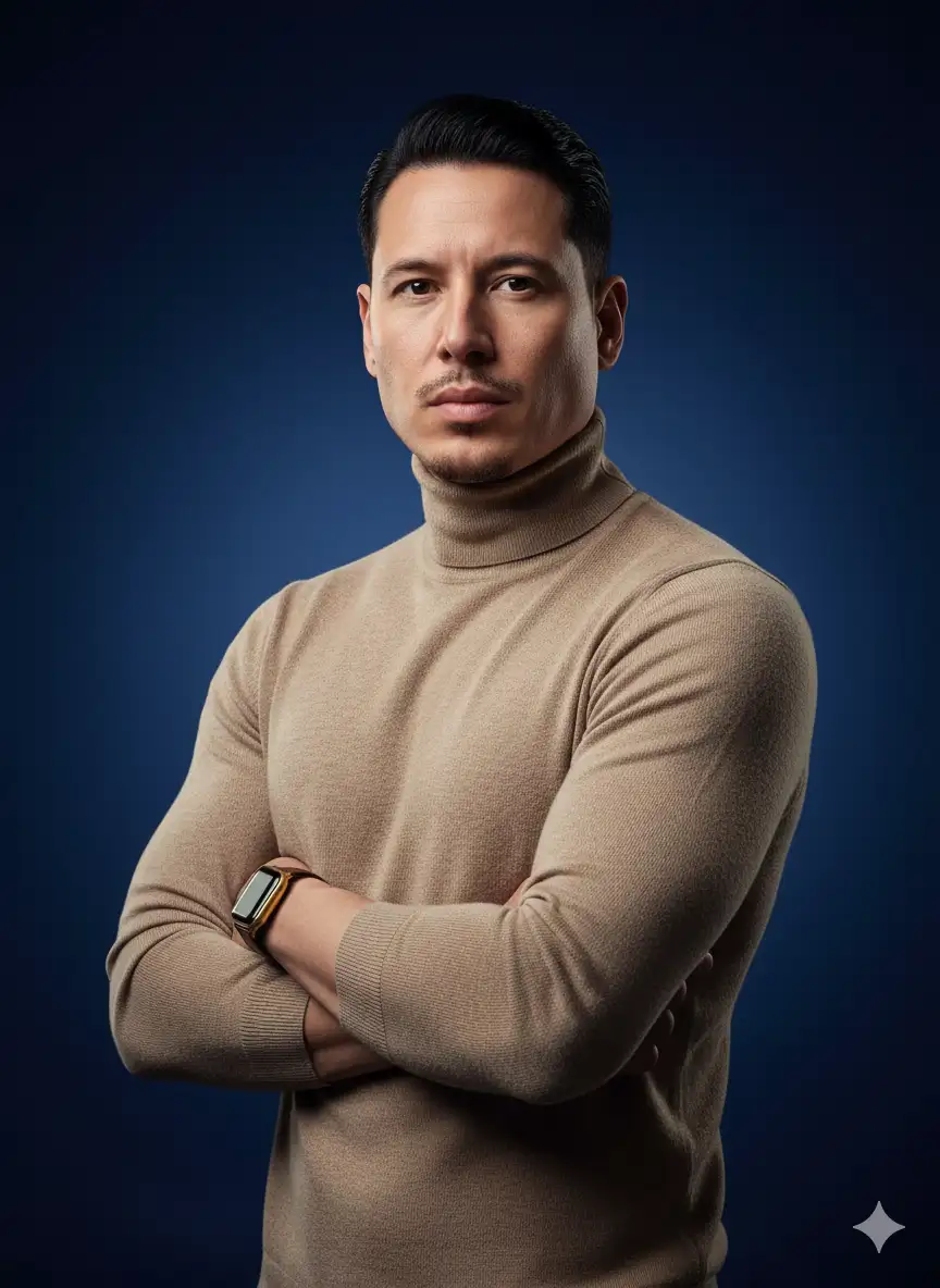 A highly stylized portrait of the same man in the reference photo, with sharp facial features, flawless fair skin, and sleek black hair. He is wearing a beige turtleneck sweater, standing confidently against a bold navy gradient background. His muscular arms are crossed, showcasing a stylish gold Apple Watch turn on and brown strap. The lighting is dramatic and cinematic, emphasizing his facial structure and creating a luxury fashion magazine vibe. Ultra-realistic, high-detail, editorial photography style, 4K resolution, symmetrical composition, minimal background elements.