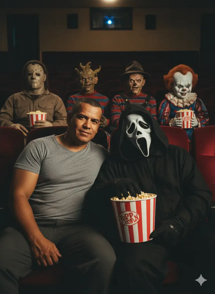 Retrato cinematográfico ultrarrealista de la persona en la foto proporcionada, preservando fielmente su fisonomía, edad aparente, género, tono de piel, cabello, ojos y expresión únicos. Por favor, hazme una foto de Ghost Face y yo sentados uno al lado del otro compartiendo palomitas. Michael Myers, Freddy Krueger y Chucky están una fila detrás de nosotros, y Jason y Pennywise están dos filas detrás en el cine comiendo palomitas. La foto debería tener un estilo granulado de los 90.