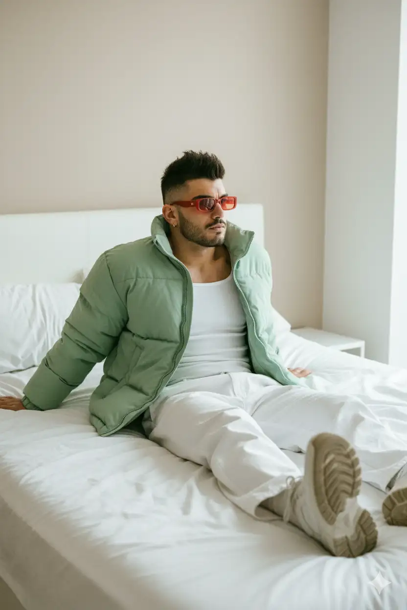 Hyper ultra-realistic 8K cinematic portrait of a rugged man (face exactly like reference) lounging on a white bed with rumpled sheets, wearing pastel green puffer jacket over white tank, baggy white pants, chunky sneakers, and red-orange rectangular sunglasses.
Messy spiky hair, pensive look to the right, soft airy lighting, modern clean aesthetic.