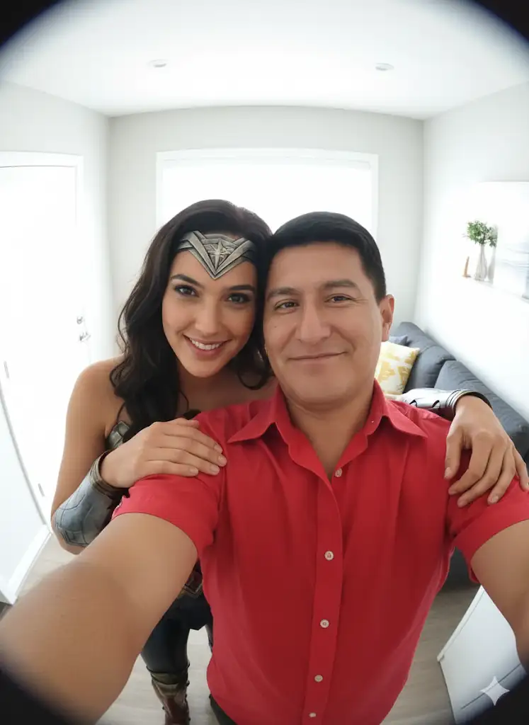 Una selfie hiperrealista en 3D con efecto de ojo de pez, contigo y Gal Gadot abrazados como amigos . Todo esto en una pequeña sala de estar iluminada con tonos blancos, con un ángulo de cámara alto y una distorsión extrema de ojo de pez, con iluminación cinematográfica y texturas realistas.