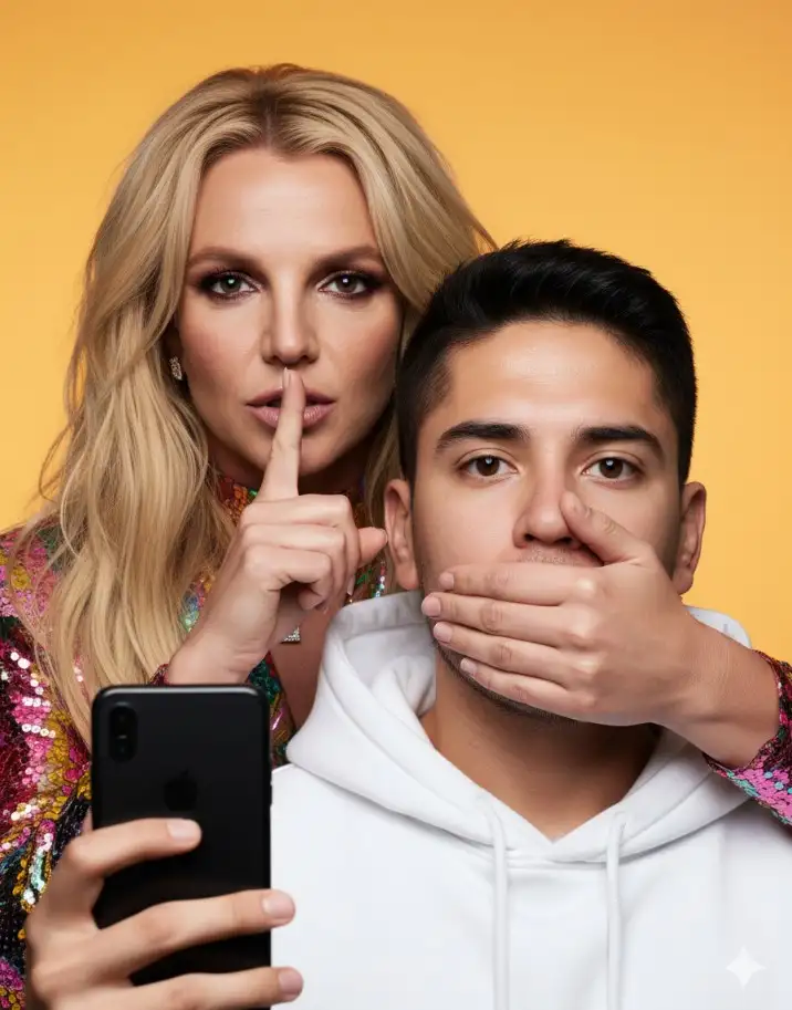 RETRATO VERTICAL HIPERREALISTA EN 8K CON LOS RASGOS EXACTOS DE LA FOTO SUBIDA, CON UNA SUDADERA BLANCA Y LIMPIA Y UN SMARTPHONE EN LA MANO. FONDO: VIBRANTE DEGRADADO AMARILLO-NARANJA. A SU LADO, BRITNEY SPEARS, GLAMUROSA Y FEROZ, LE CUBRE LA BOCA CON UNA MANO Y SE LLEVA EL DEDO ÍNDICE A LOS LABIOS EN UN DRAMÁTICO "SHHH". ESTILO EDITORIAL DE MODA CINEMATOGRÁFICO CON ILUMINACIÓN DE ESTUDIO PROFESIONAL, TEXTURAS DE PIEL NÍTIDAS, TELAS DETALLADAS Y REALISMO EXPRESIVO. SCARLET JOHANSSON DEBE SER RECONOCIBLE AL INSTANTE POR SUS RASGOS ÚNICOS, SU OJOS AGUDOS Y SU AURA DE SEGURIDAD. TOMADA CON LA CANON EOS R5 Y EL OBJETIVO SIGMA 85MM F/1.4 ART. COMPOSICIÓN FOTORREALISTA, ÍNTIMA Y AUDAZ.