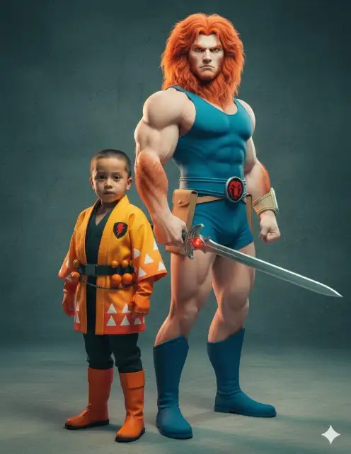 Una fotografía de retrato de moda hiperrealista de un modelo infantil seguro de sí mismo de 3 años (Use la cara real en la referencia de la foto) (cara real, rasgos fotorrealistas), vistiendo Mono o túnica: Este traje es similar en estilo al de los otros Thundercats, pero está adaptado al tamaño de su niño.
Emblema: En el pecho tiene el emblema característico de los ThunderCats, un rayo rojo o naranja dentro de un escudo negro.
Botas y guantes: Use guantes y botas largas, generalmente de color naranja o marrón claro. Estas prendas tienen un aspecto funcional y están diseñadas para la agilidad.
Accesorios: Complemente su atuendo con un cinturón o arnés donde guarde sus accesorios, como las bolas de truco y la cuerda para atrapar. El niño está posando con severidad, de pie perfectamente espalda con espalda con una versión realista, renderizada en 3D y muy detallada de León-O (Lion-O), el líder de los Thundercats.
Descripción de León-O
El personaje tiene una constitución muy musculosa y atlética.

Cabello: Tiene una melena abundante y despeinada de color naranja rojizo.

Piel: Su piel es de un tono pálido, casi blanco o beige claro, contrastando con su marcada musculatura.

Expresión: Tiene una expresión facial seria y decidida, con las cejas fruncidas y un aire de fuerza y ​​valentía.
Ropa y Accesorios
El atuendo es el clásico traje de los Thundercats, diseñado para la acción:

Traje: Lleva un leotardo o chaleco azul claro, sin mangas, que deja al descubierto la mayor parte de sus brazos y piernas.

Botas: Lleva unas botas altas azules que llegan justo debajo de la rodilla.

Cinturón: Tiene un cinturón ancho azul con un distintivo broche central.

Accesorio Principal (Broche): El broche del cinturón es el símbolo icónico de los Thundercats, que es la cabeza de un león en un círculo rojo y negro.

Accesorio de Cadera: En el lado derecho (su izquierda), tiene una funda o cartucho marrón claro o beige sujeto a su cadera.

Brazaletes/Guantes: Parece llevar algo parecido a brazaletes o guantes ligeros en sus muñecas, aunque son de un color similar a su piel y resaltan por el contraste con sus musculosos antebrazos.

Arma (Accesorio Clave): En su mano derecha sostiene la Espada del Presagio. Se muestra en su forma corta, de un solo filo, con empuñadura plateada y un ojo rojo en la punta que representa el Ojo del Trueno.
Ambos sujetos miran directamente a la cámara con una expresión decidida y asertiva.
Escenario: Estudio de hormigón modernista y minimalista con una iluminación lateral dramática y cinematográfica.
Fotografía: Tomada con un objetivo fijo Canon EOS de 50 mm. Profundidad de campo reducida (bokeh).