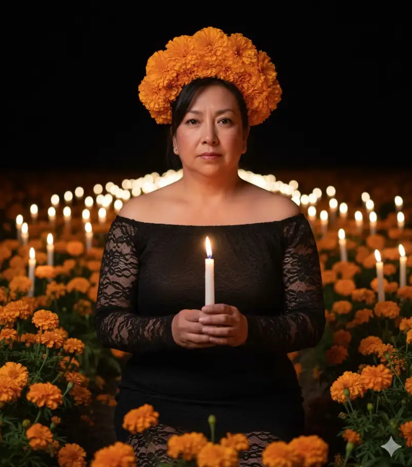 crea una imagen hiperrealista con mis rasgos faciales idénticos muestra a una mujer, en lo que parece ser un campo de flores de cempasúchil iluminado por velas. La toma está centrada en ella, que está arrodillada y mirando directamente a la cámara con una expresión serena y ligeramente seria.
y lleva un vestido de encaje negro con los hombros descubiertos y mangas largas que terminan en los codos. Un tocado floral de cempasúchil, también de color naranja vibrante, adorna su cabeza, completando el atuendo.
En sus manos, a la altura del pecho, sostiene una vela blanca encendida, cuya llama es el punto más brillante en el centro de la imagen. La luz de la vela ilumina suavemente su rostro y parte superior del cuerpo.
El fondo está compuesto por un denso campo de flores de cempasúchil de color naranja brillante. Entre las flores, se ven numerosas velas blancas encendidas, creando un efecto de puntos de luz difusos que se extienden hasta el horizonte oscuro. El cielo o el fondo distante es completamente negro, lo que hace que las luces de las velas y el color de las flores resalten aún más.