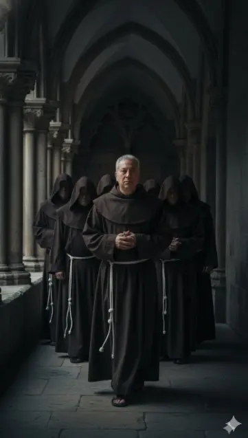 con mi foto crear un monje gregoriano encapuchado, que se ve su rostro, que camine de frente en un convento ambientado tipo gregoriano, pegados atrás de el vienen mas monjes siguiéndolo