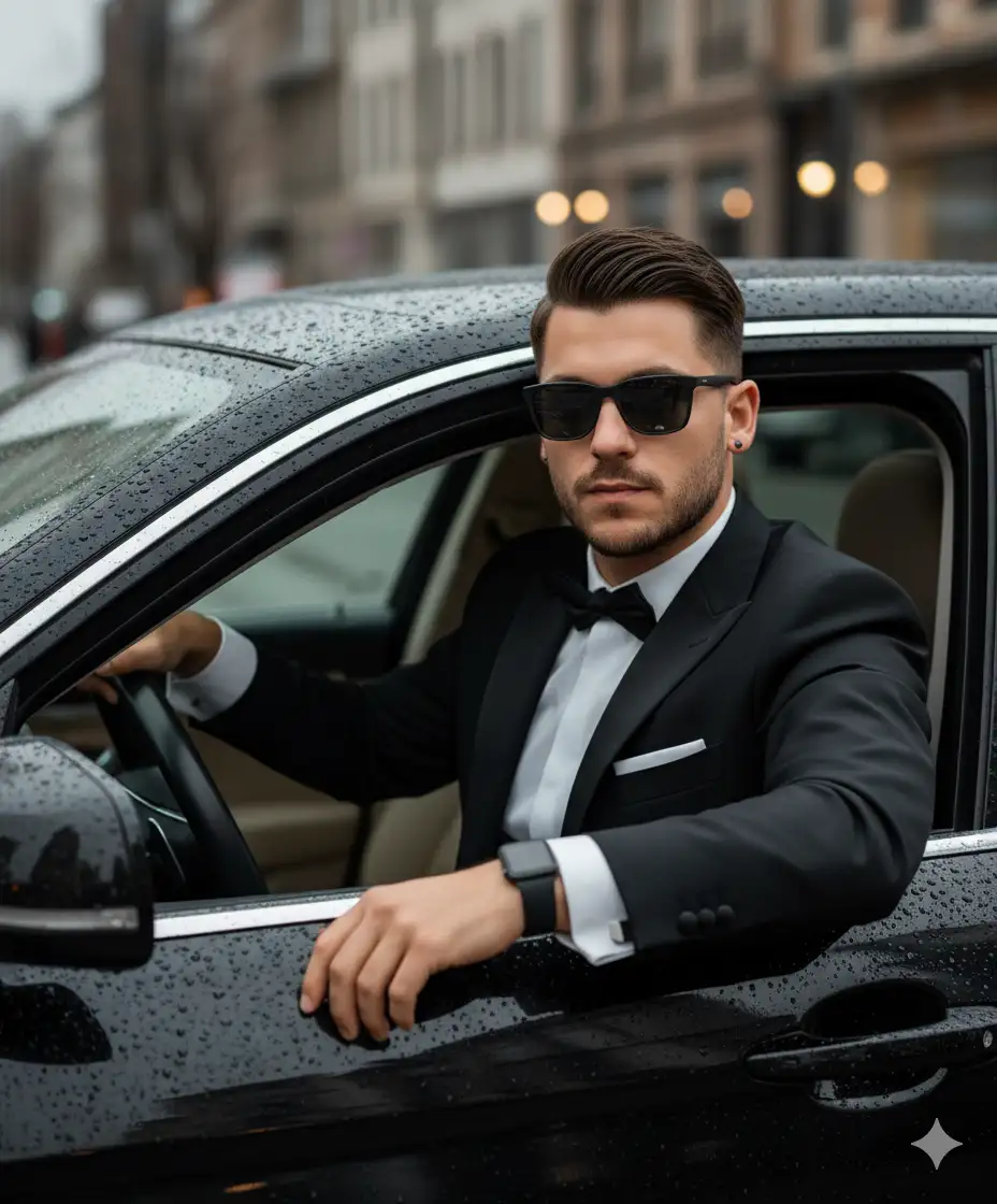 Create an ultra-realistic image, A stylish, confident man from uploaded photo sits in the driver's seat of a luxury black car with the window down. He has trimmed beard, and wears dark, rectangular sunglasses. He is dressed in a sharp black tuxedo with a black bow tie and a white shirt, finished with a white pocket square.The face is unaltered from uploaded photo. On his left wrist, he wears a modern black smartwatch. The car exterior is glossy and covered in water droplets, hinting at recent rain. His left arm rests casually on the window, hand relaxed and visible, projecting calm authority. The background is urban, blurred out for a bokeh effect, focusing all attention on the man and the car interior. Lighting is natural but moody, highlighting his face and suit with cinematic clarity and subtle reflections on the car. The mood is cool, composed, and sophisticated, suitable for a high-end fashion or luxury lifestyle editorial. Render in ultra-realistic, 8K quality with crisp textures and deep, rich color tones.