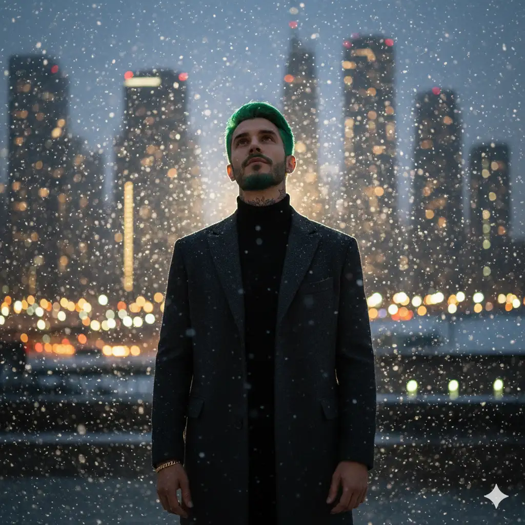 The uploaded person looking up as snow falls amidst city lights at dusk, highres, realistic photo, professional photography, cinematic angle, dynamic light back shining,