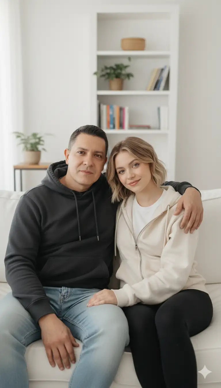 picture of me (insert picture 2) and Sydney Sweeneu (insert picture 1), seamlessly combined into a single realistic amateur smartphone photo, both sitting casually on a white sofa, both wearing in a cozy hoodie with casual couple attire, natural lighting, raw unedited look, relaxed cozy atmosphere, faces remain 100% accurate and identical to the reference photos, should look like one natural photo, not edited, 4k high resolution