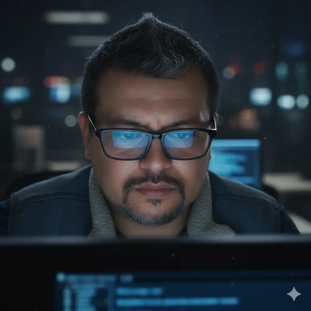 El mismo sujeto, en una imagen hiperrealista, conservando absolutamente todos los rasgos, lentes y corte de cabello, en una imagen en primer plano que captura la intensidad y la concentración del sujeto en un entorno de trabajo nocturno. La composición se centra fuertemente en la parte superior del rostro, con la frente arrugada sutilmente, indicando un esfuerzo mental o una profunda inmersión en la tarea. Los gestos son mínimos pero significativos: las cejas están ligeramente fruncidas, no por preocupación, sino por el foco, mientras que la boca, aunque no completamente visible, sugiere una línea neutra o una tensión sutil que acompaña la concentración.
El tipo de mirada es directo y penetrante, dirigido hacia abajo, hacia una pantalla que no vemos, pero cuya presencia es evidente. A través de las gafas, se aprecian los reflejos de la pantalla de una computadora, mostrando líneas de texto o código, lo que ancla al sujeto firmemente en una actividad digital. Estos reflejos no solo son un detalle técnico, sino que también actúan como una ventana a lo que el sujeto está percibiendo, añadiendo una capa de realismo a la escena.
La iluminación es ambiental y principalmente indirecta, con un tono azulado que sugiere un entorno de oficina o estudio en la oscuridad. Hay puntos de luz desenfocados en el fondo (bokeh), que indican luces de la ciudad o de otras estaciones de trabajo, realzando la atmósfera nocturna y urbana. La piel del sujeto está iluminada por la luz de la pantalla, que proyecta un brillo tenue en las mejillas y la frente, creando un contraste suave y resaltando las texturas faciales.
En resumen, la fotografía logra transmitir una sensación palpable de dedicación y enfoque, utilizando la iluminación, los reflejos en las gafas y la expresión facial para comunicar una historia de trabajo inmersivo y pensamiento profundo.