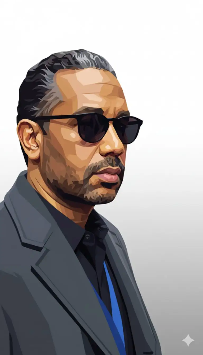 Crea una obra maestra al estilo WPAP (Retrato Pop Art de Wedha). El retrato debe construirse íntegramente a partir de un mosaico de facetas poligonales nítidas, entrelazadas y de colores planos. Elimina el fondo detrás donde se aprecia la gente y coloca un degradado de gris claro a blanco de abajo hacia arriba