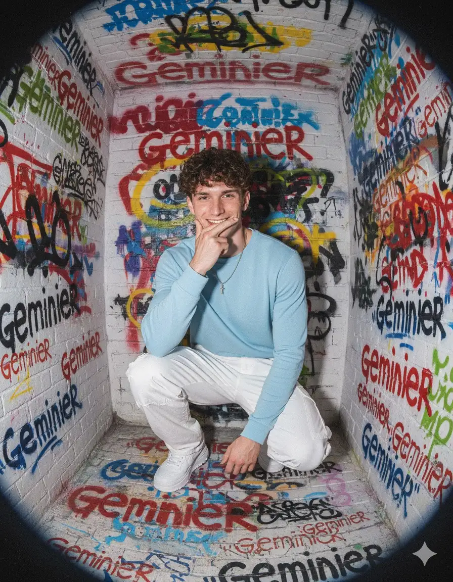 Vertical portrait ratio 9:16, ultra-realistic with low-resolution old-school phone camera effects. A 22-year-old man, based precisely on the uploaded photo (preserve exact facial features, skin tone, and hairstyle), with smooth fair skin and natural look.
He wears a contemporary OOTD: light blue top, white cargo pants, and thick white sneakers.
Pose: two fingers covering mouth. Kneeling. Natural confident facial expression, eyes focused on the camera, cheerful Gen Z vibe.
Background: photo box room with full 3D motif, colorful street art graffiti with abstract writing in punk graffiti style "Geminier " against a white brick wall.
Captured from the upper front corner with a wide-angle lens effect, creating a curved and enclosed space feel. Photo quality should mimic old Android front camera at 2MP resolution: coarse grains, strong digital noise, excess highlights, slightly faded colors, and overexposed patches for a raw amateur aesthetic.