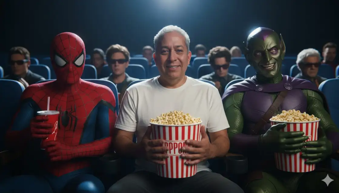 Fotografía ultrarrealista en 16K, relación de aspecto horizontal de 16:9, atmósfera cinematográfica humorística.
Escena: Dentro de una sala de cine sombría, con lugares azules visibles al fondo, réplicas de personajes de videojuegos en el tren de atracciones.
Personaje principal: Yo (en la foto) con una sencilla camiseta Blanca, sosteniendo un gran cubo de palomitas de maíz a rayas rojas y blancas en una mano.
A cada lado: dos personas, detalles.
• Izquierda: El Hombre Araña ., con un vaso rojo de refresco en una mano. Expresión maliciosa.
• Derecha: El divertidísimo Duende Verde, alquilando su propio cubo de palomitas. Su sonrisa es amplia y sensual, con hoyuelos brillantes.
En el plano de llegada: Otros personajes aparecen en las salas del cine, algunas gafas presagian 3D, Iluminación: cinematográfica, proveniente de la pantalla de cine invisible frente a ellos, con reflejos principalmente brillantes en los rostros y los cubos de palomitas. Los detalles son extremadamente realistas.