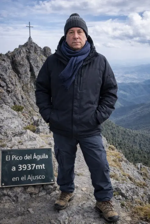 Usa la imagen proporcionada como base. Mantén el lugar original: el Pico del Águila en el Ajusco, con el entorno de montaña a gran altura, vistiendo ropa para clima frío: chamarra térmica, bufanda, gorro de lana y botas de senderismo. La escena debe verse natural y realista, con iluminación fría de montaña, viento ligero moviendo la ropa, cielo ligeramente nublado y atmósfera de altura. La persona debe integrarse de forma coherente con la perspectiva y el tamaño del lugar. Estilo fotográfico realista, alta resolución 4K, detalles nítidos, colores naturales. en formato 9:16 poner una placa donde diga El Pico del Águila a 3937mt,en el Ajusco
