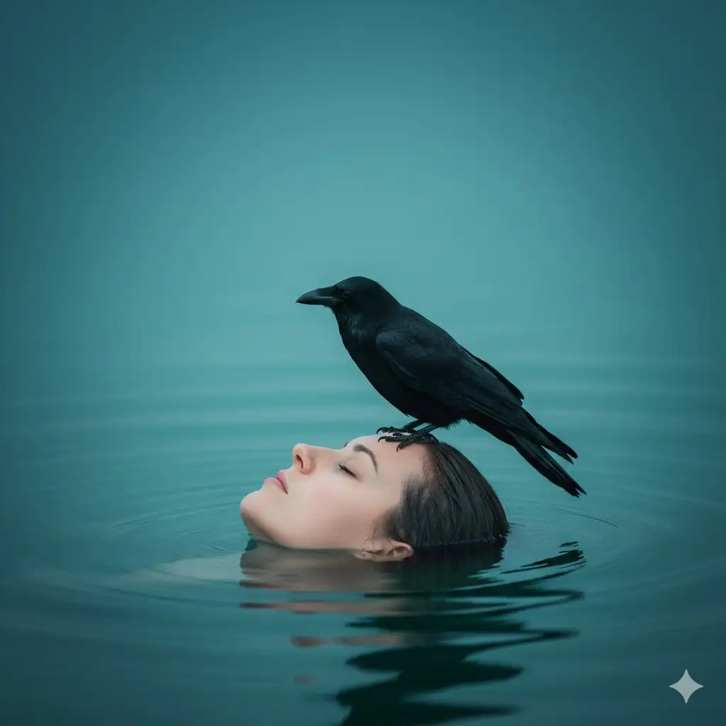 A tight close-up profile portrait at waterline of Subject[Person in the Image] floating supine in a still, dark-teal lake during blue hour; eyes closed with a serene, meditative expression as a black crow perches gently across the hairline/forehead. Composition: Subject low-center with modest headroom; left-to-right profile; foreground is the smooth water skin with concentric ripples: midground contains the crow and face; background is uniform teal water, heavy negative space, balanced visual weight between crow and facial silhouette: leading lines formed by ripples circle outward. Shot on a full-frame mirrorless (Sony A7 III) with an 85 mm lens at f/2.8, 1/500 s, ISO 200, WB-S200 K; waterline-level angle, static camera. Lighting: soft ambient skylight like giant overcast softbox, broad key from upper-right, gentle wrap; subtle rim from water reflections; no harsh shadows. Color grade: cool cyan/teal separation against warm skin, moderate contrast, restrained saturation. Mood: tranquil, surreal, intimate. Aspect ratio 4:S. Post: subtle skin cleanup, dodge/burn to cheekbones and crow feathers, selective sharpening on the bird, slight vignette, reduced clarity in the background to keep the water silky. Negative prompts: text/watermarks, banding, posterization, harsh shadows, extra birds, visible shoreline, open eyes, oversoften skin, warping.