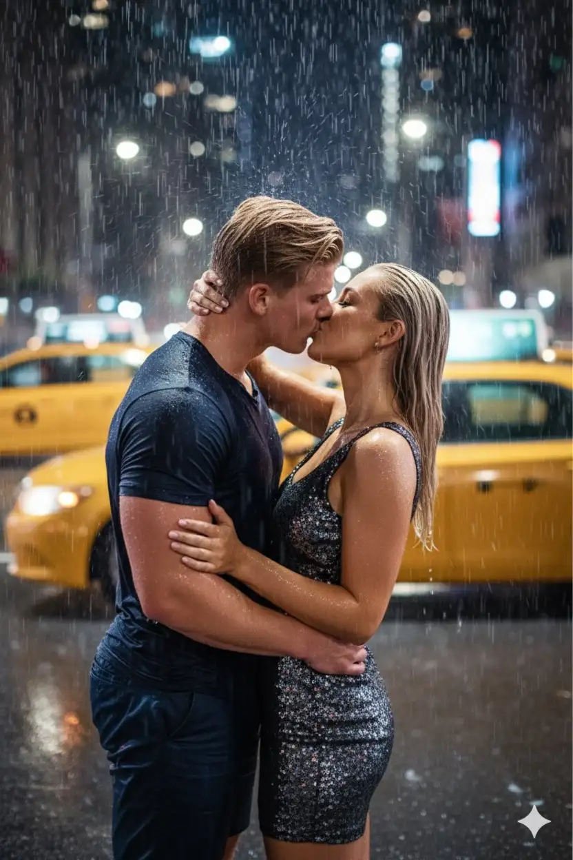 Take a photograph of a cinematic, fashion-inspired scene of a man and woman passionately kissing in the rain. Their wet skin and clothes glisten, emphasizing intimacy and sensuality. The man wears a dark, soaked t-shirt, while the woman wears a shimmering dress, both clinging to their bodies. The background features a blurred cityscape with yellow taxis streaking by in motion blur, creating a sense of speed and urban energy. The lighting highlights the raindrops on their skin, with a soft, glowing effect for a romantic yet edgy mood. The atmosphere combines high-fashion advertising style with cinematic passion, reminiscent of a fragrance commercial. Don’t change facial features, size 16:9