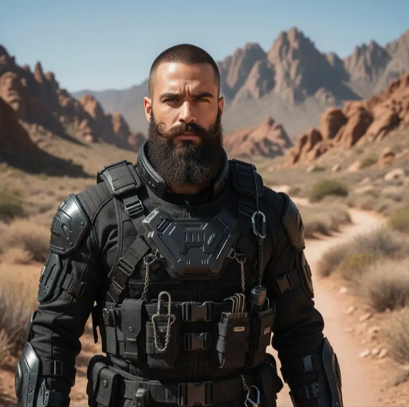 Cabello: Largo y abundante, barba poblada con bigote rizado.

Ropa: Conjunto negro táctico/futurista con muchos accesorios metálicos.

Estilo: Militar futurista / tactical urban style.

Lugar: Exterior, zona montañosa y árida.